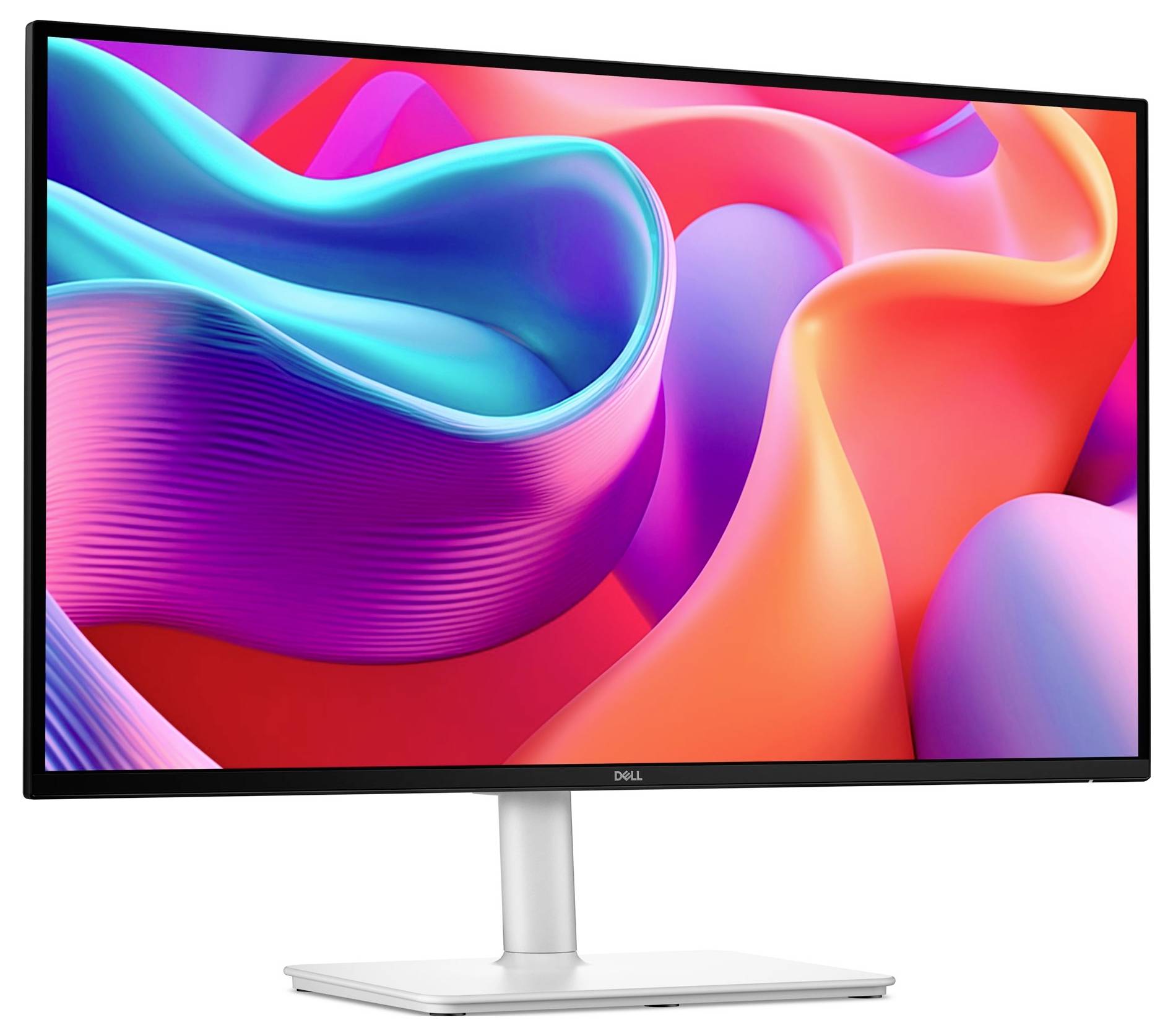 Ein Dell-Monitor zeigt ein lebendiges abstraktes Bild mit farbenfrohen, wellenförmigen Mustern in Tönen von Rosa, Blau, Rot und Orange.