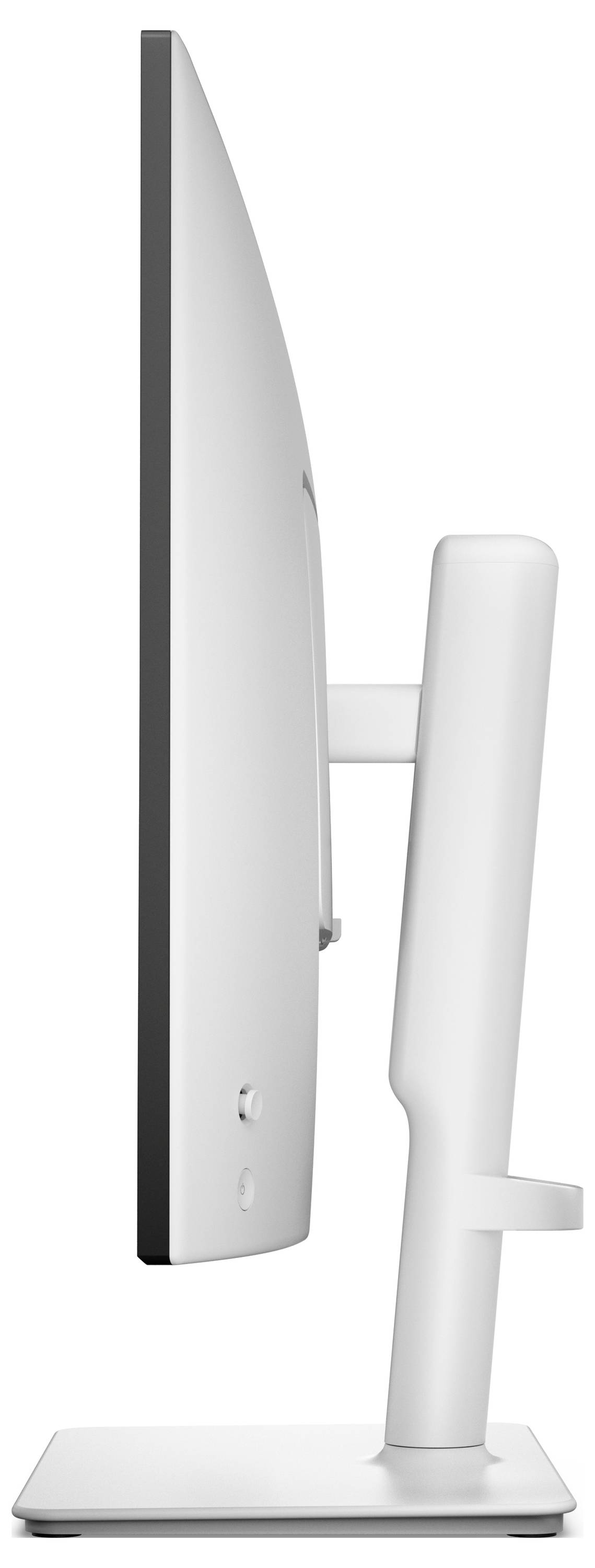 Eine Seitenansicht eines dünnen, modernen Computermonitors mit elegantem Ständer, die sein schlankes Profil und minimalistisches Design zeigt.