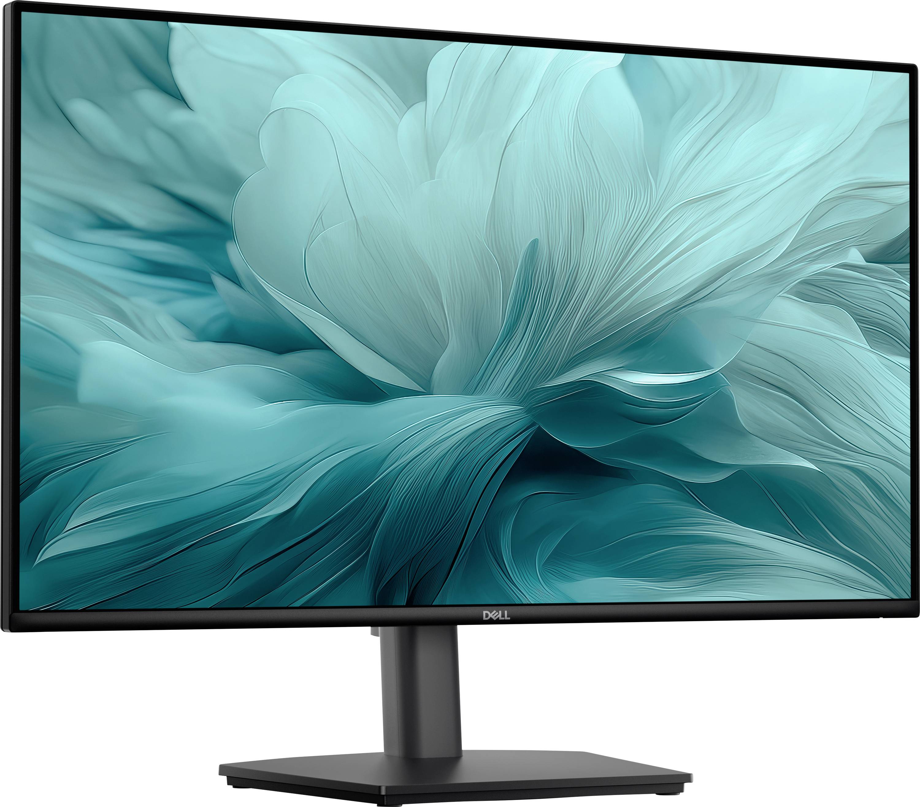Ein moderner Dell-Computerbildschirm, auf dem eine abstrakte blaugrüne Blume mit detaillierten Blütenblättern angezeigt wird.