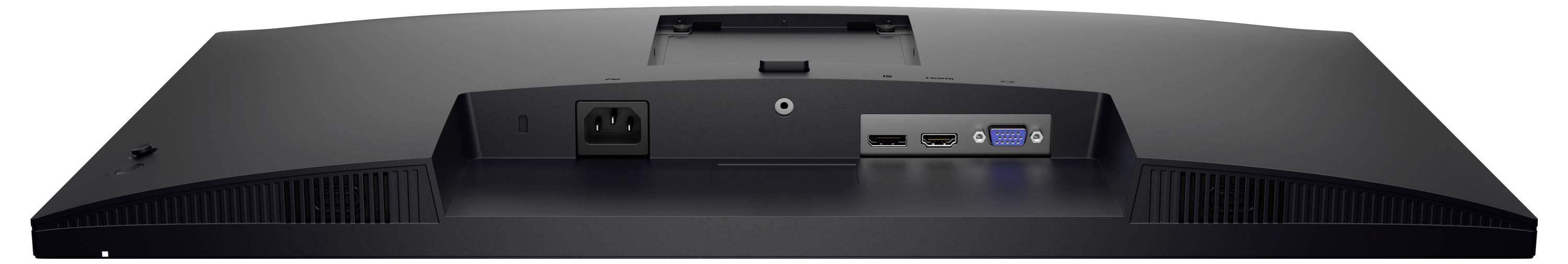 Rückansicht eines Monitors mit Stromsteckdose, Audioanschluss, HDMI und DisplayPort-Anschlüssen auf der unteren Leiste.