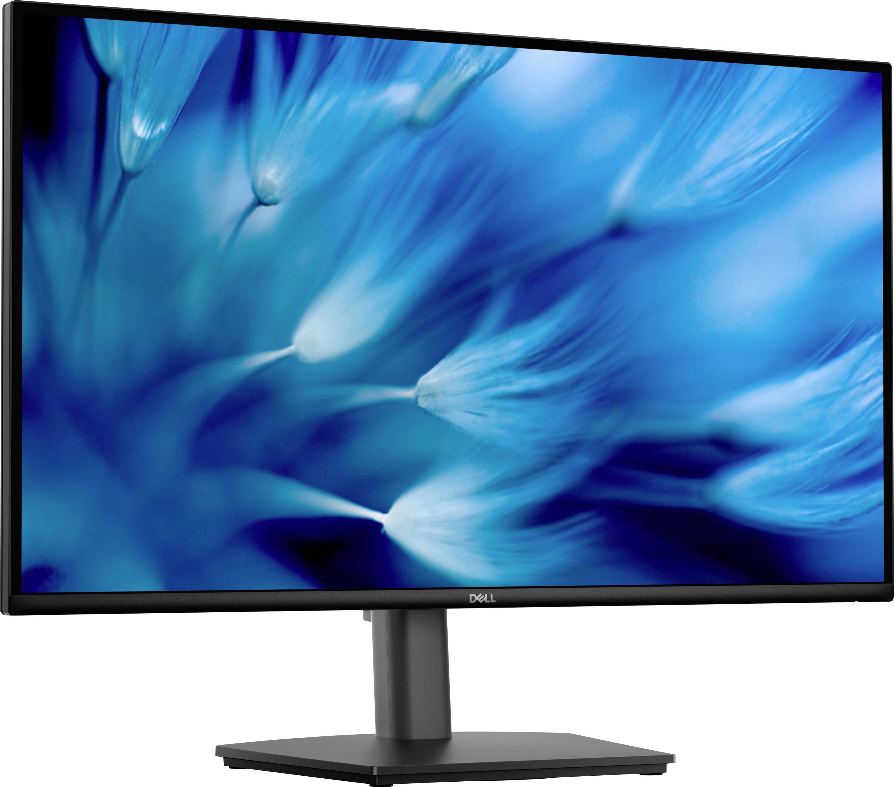 Ein moderner Dell-Computermonitor zeigt ein Nahaufnahmebild von abstrakten blauen Blütenblättern.