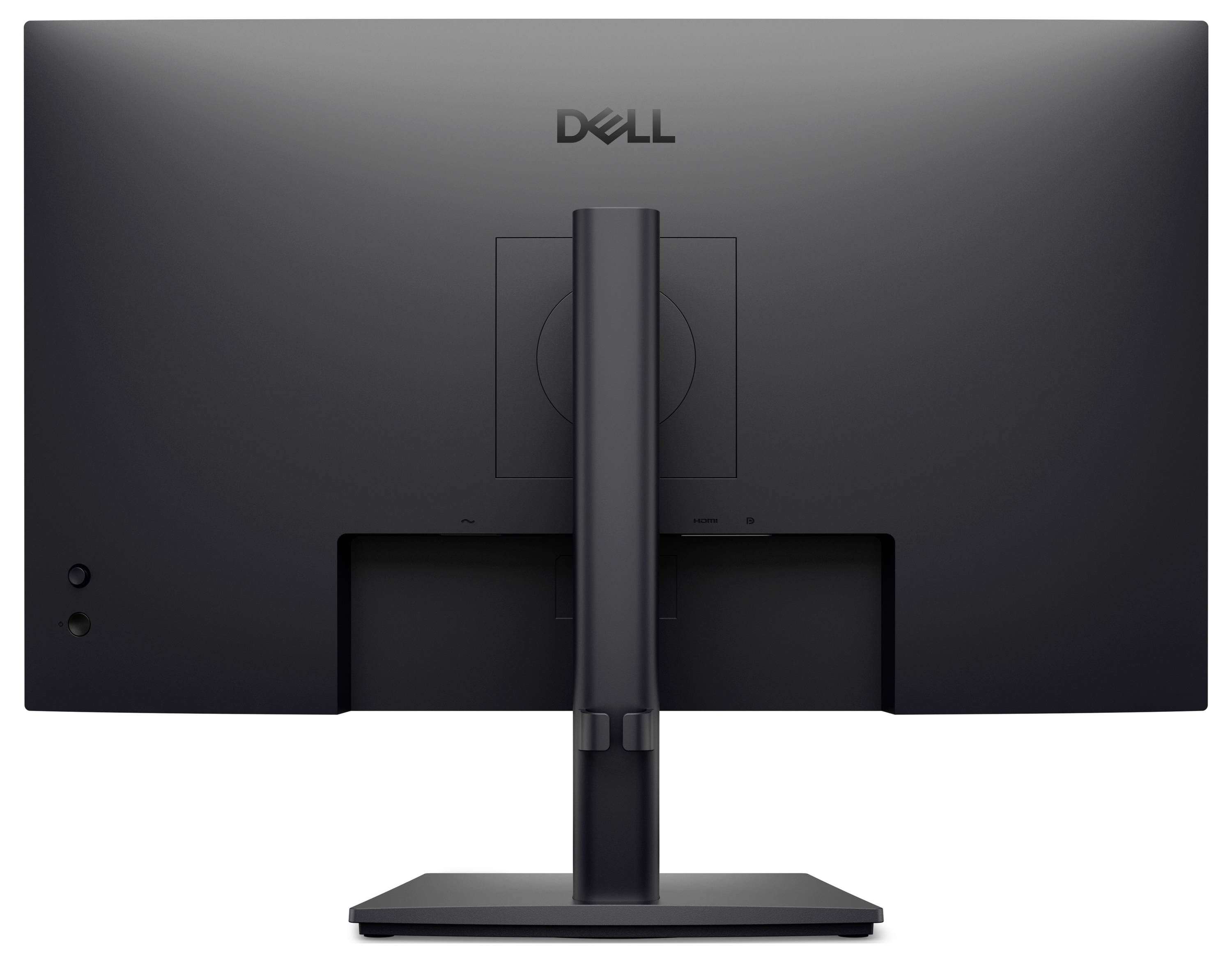Das Bild zeigt die Rückansicht eines Dell-Computermonitors mit einem schlanken, schwarzen Design, verstellbarem Ständer und sichtbarem Markenlogo oben.