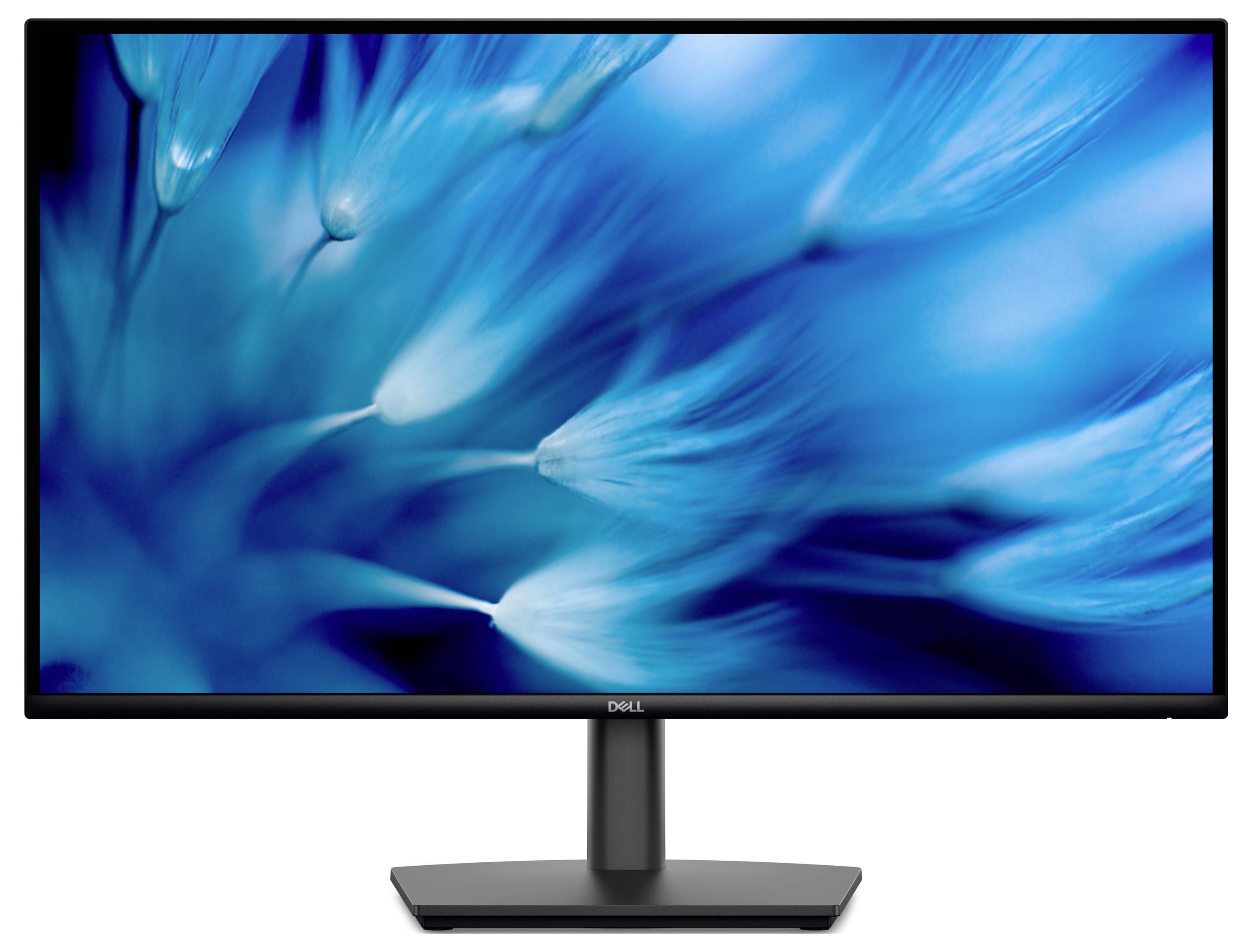 Ein Dell-Monitor mit einem lebendigen blauen abstrakten Muster auf dem Bildschirm, das verschwommene federähnliche Formen zeigt.