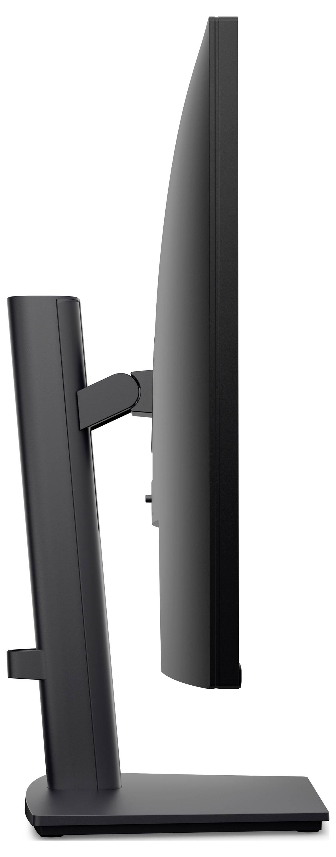 Eine Seitenansicht eines modernen Computermonitors, die sein schlankes Design und seinen verstellbaren Ständer zeigt.