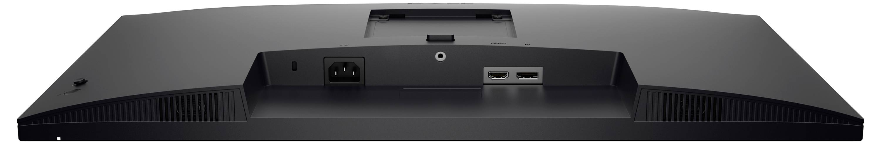 Rückseite eines Computermonitors mit Stromanschluss und HDMI-Anschlüssen, Lüftungsschlitzen an den Seiten und einer Halterung oben.