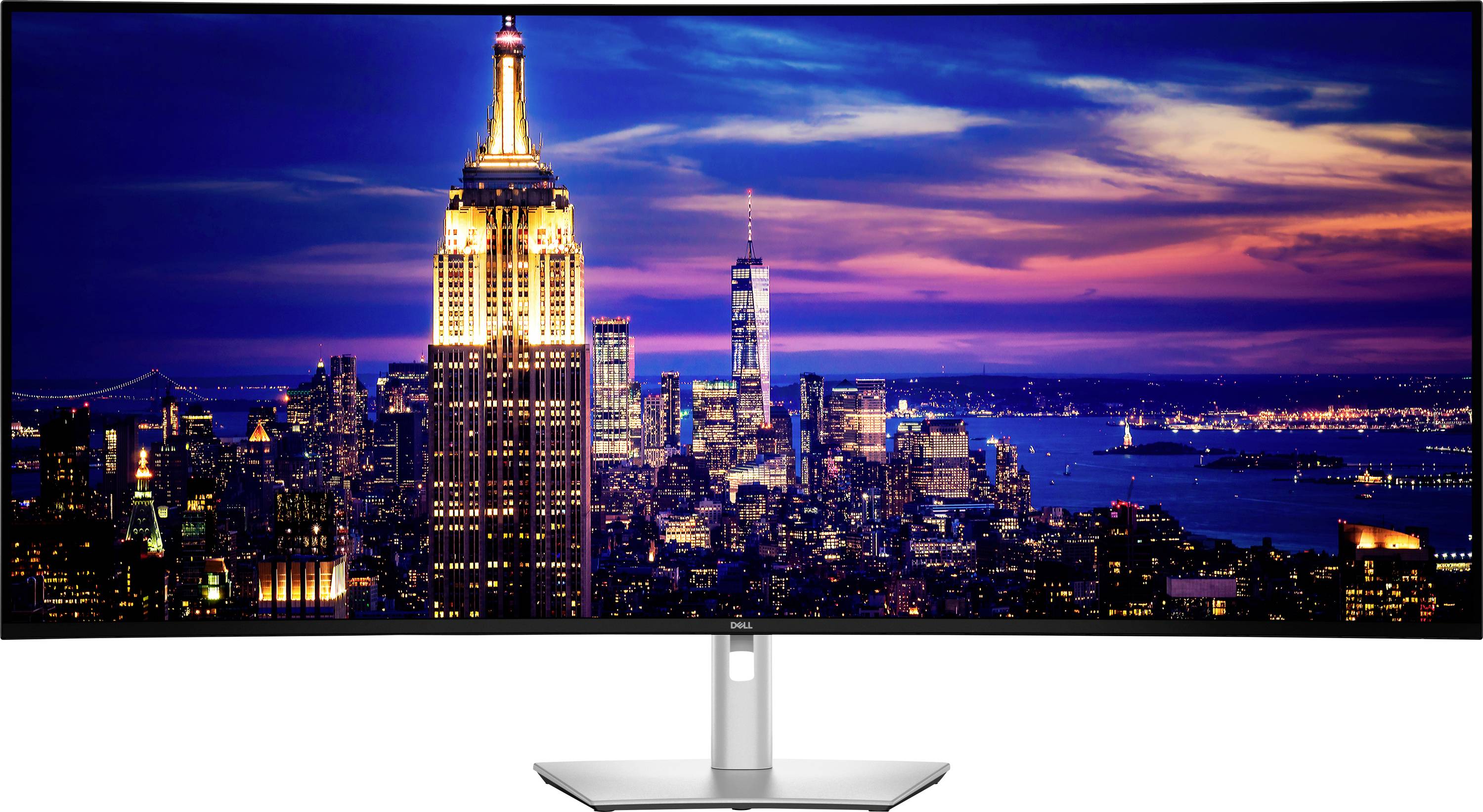 „Ultrabreiter Monitor zeigt eine lebendige Stadtlandschaft mit prominent beleuchteten Wolkenkratzern gegen einen Dämmerungshimmel, der urbane Architektur hervorhebt.