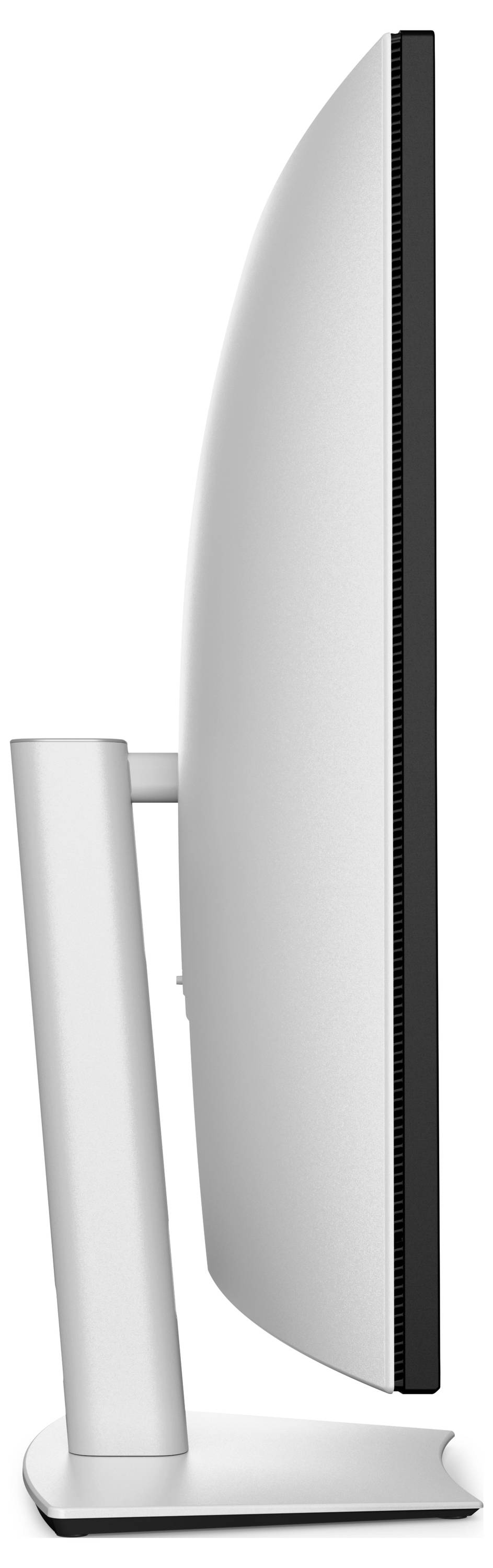 Eine Seitenansicht eines modernen Computerbildschirms mit schlankem Profil und gebogenem Design, das seine elegante und minimalistische Ästhetik zeigt.
