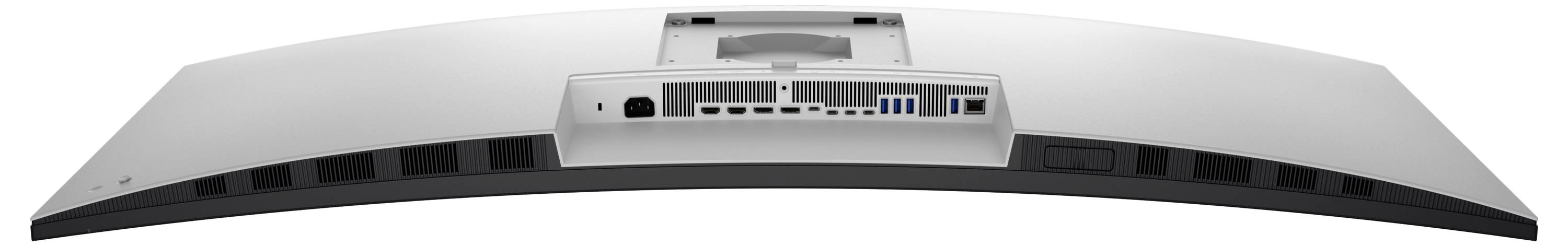 Gekrümmte Monitor-Rückansicht mit verschiedenen Anschlüssen, darunter HDMI, USB und Ethernet, sowie Belüftungsöffnungen entlang der unteren Kante.