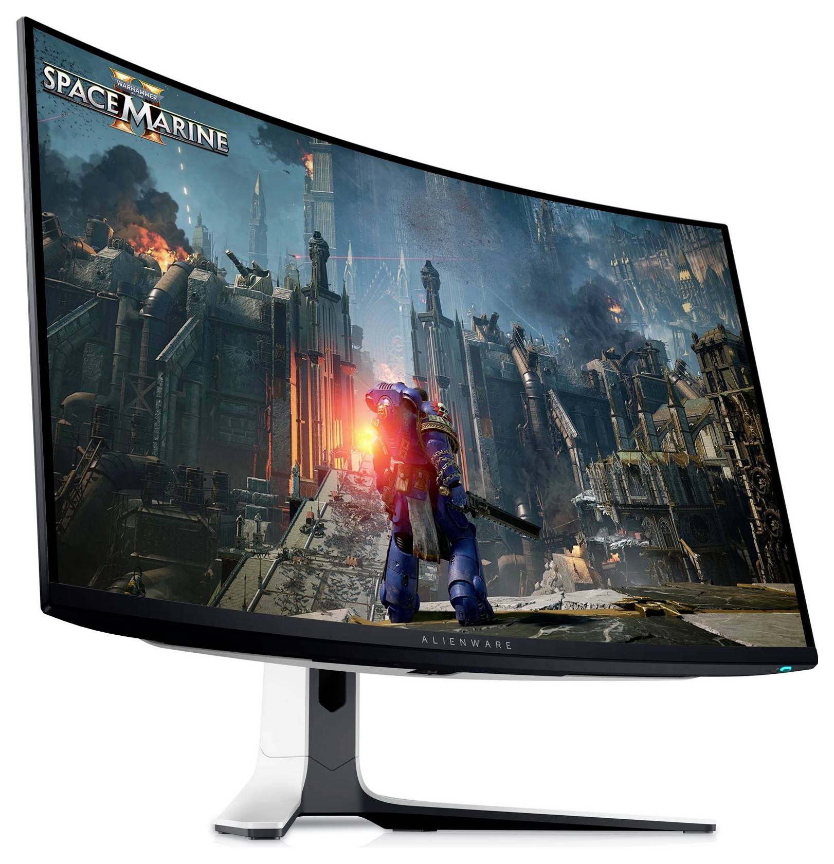 Ein gekrümmter Gaming-Monitor von hinten betrachtet, der Anschlüsse, Branding und ein elegantes Design mit Akzenten zeigt.