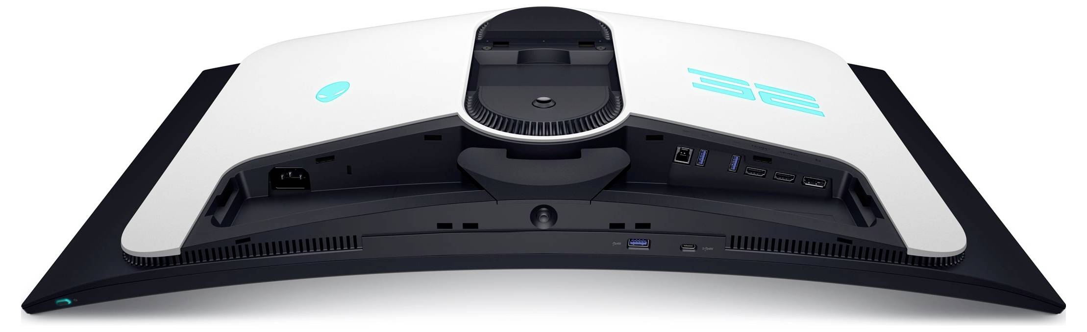 Rückansicht eines gekrümmten Gaming-Monitors mit Anschlüssen: Stromversorgung, USB, HDMI und Audio. Der Monitor hat ein belüftetes Design mit leuchtendem Logo.