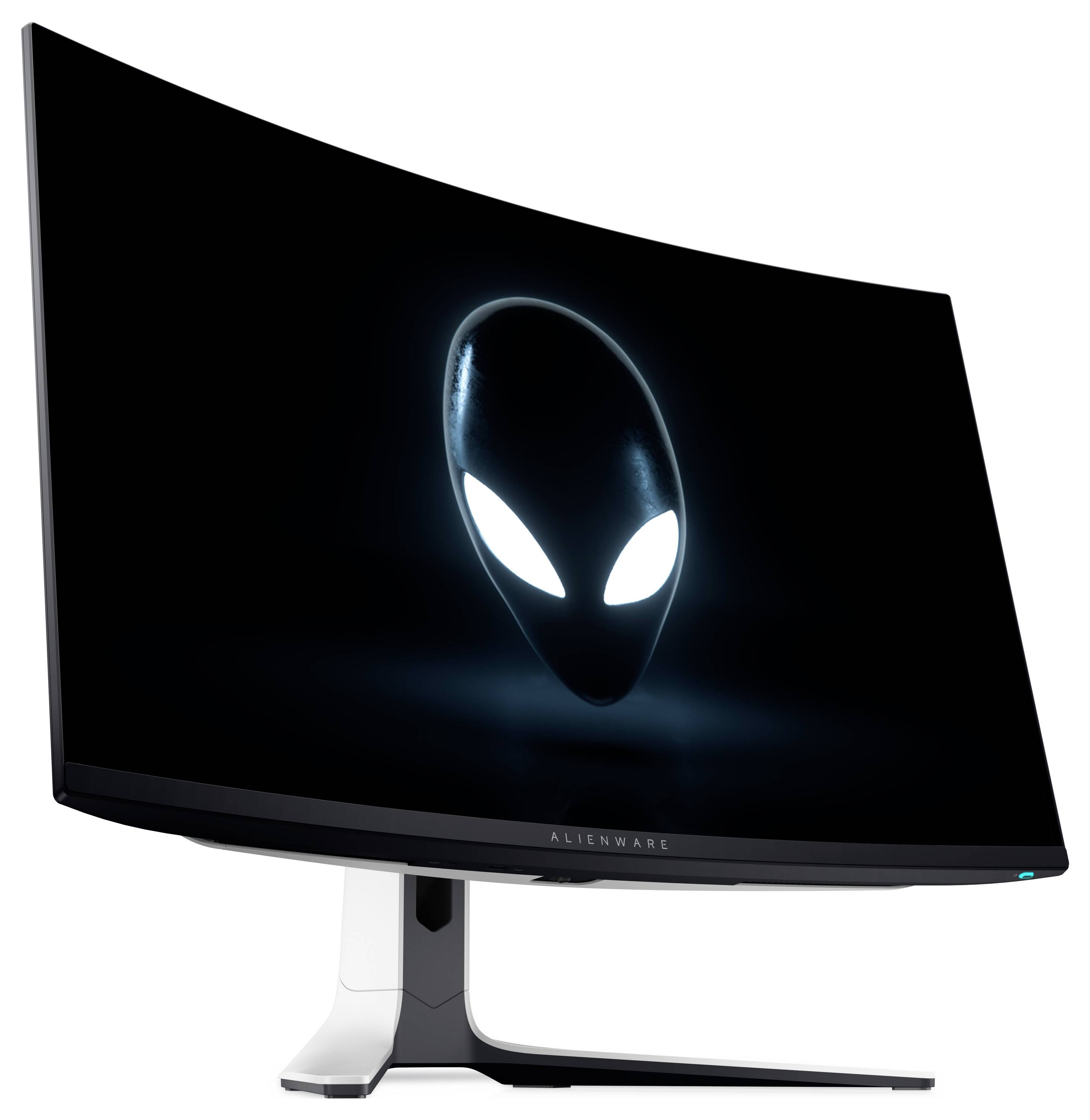 Ein gekrümmter Alienware-Gaming-Monitor, auf dem ein beleuchtetes Alien-Kopf-Logo auf einem dunklen Bildschirm angezeigt wird.