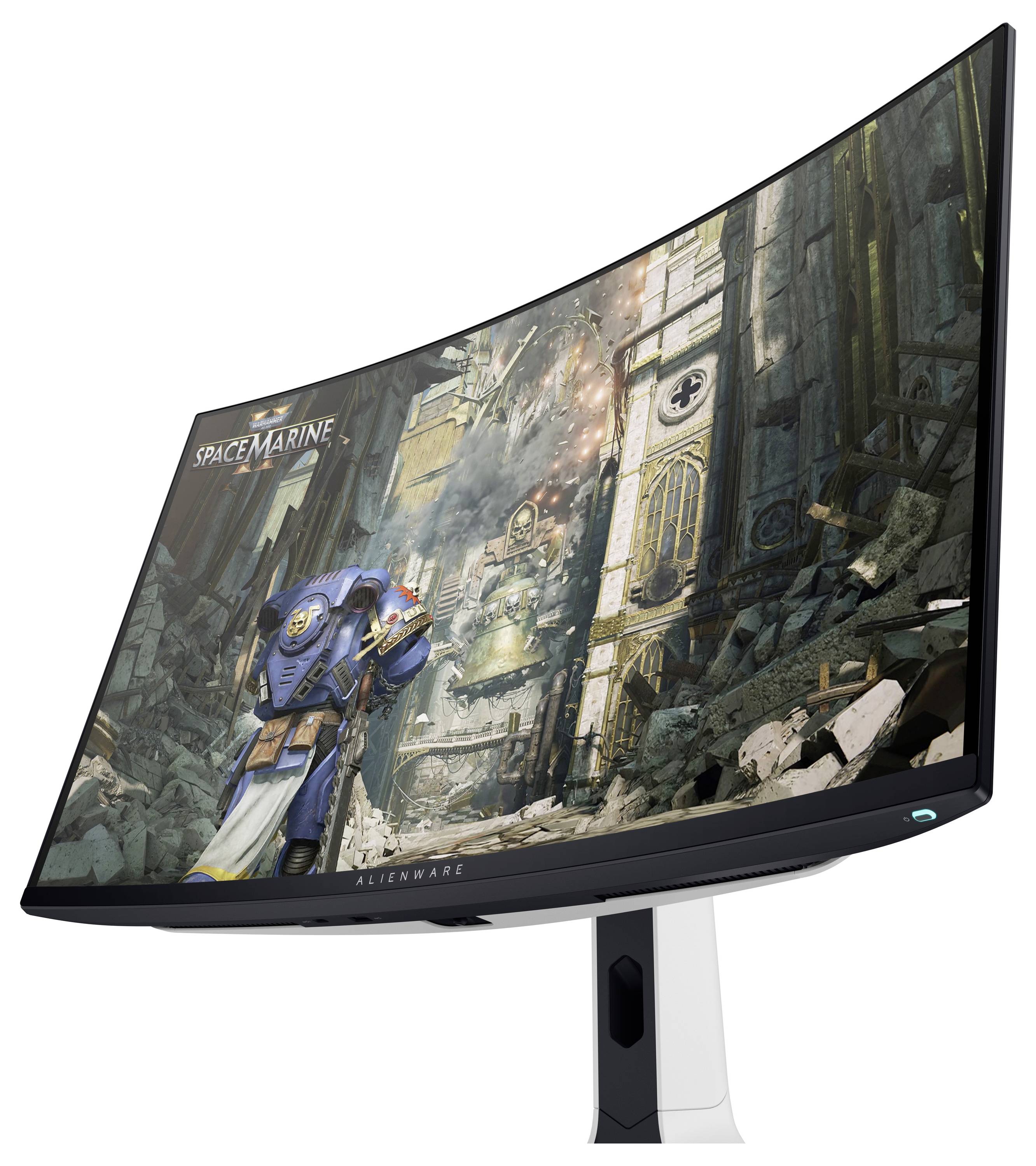 Ein breitbildschirmiger Computermonitor zeigt eine leuchtende Stadtlandschaft in der Dämmerung an, mit beleuchteten Wolkenkratzern und einem prominenten, glühenden Turm.