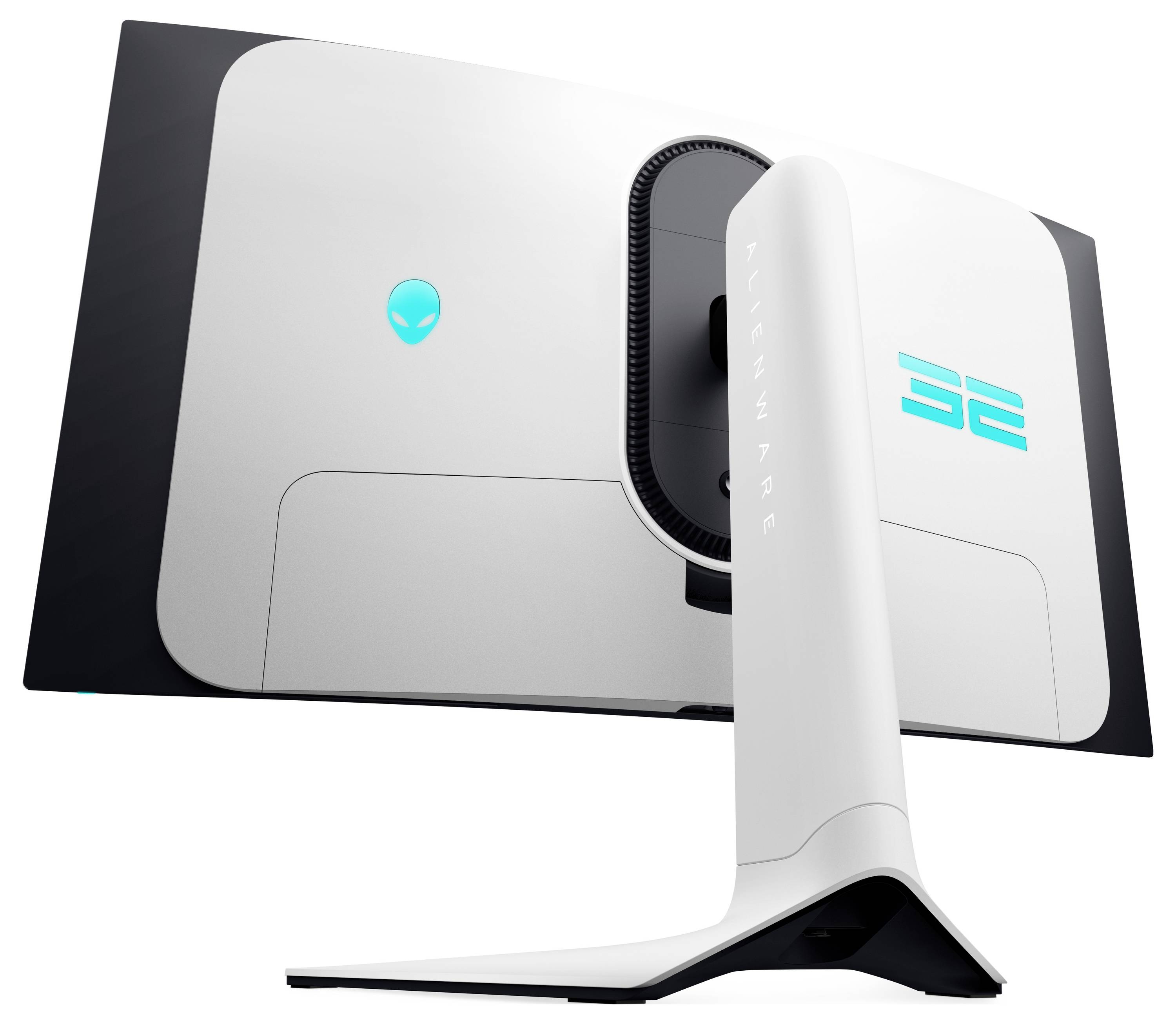 Ein eleganter, gebogener Gaming-Monitor mit weiß-schwarzem Design, mit einem Alien-Kopf-Logo auf der Rückseite und der Zahl '32' in Blau.