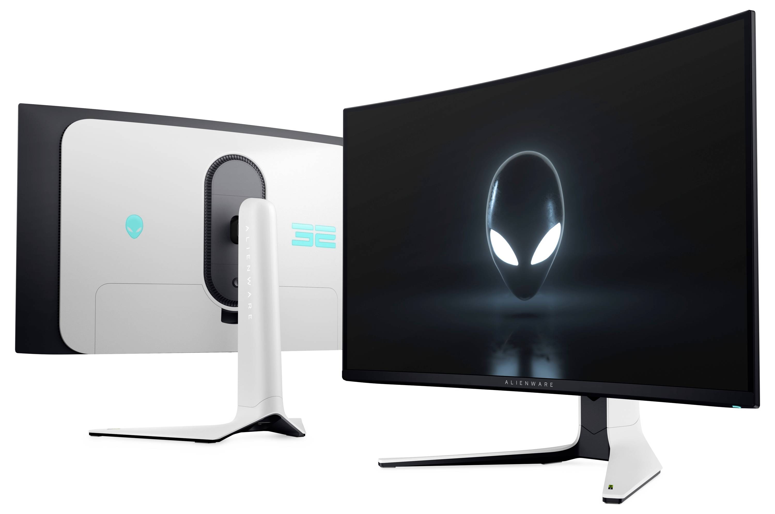 Doppelt gekrümmte Alienware-Monitore, Vorder- und Rückansicht. Die Vorderanzeige zeigt ein leuchtendes Alien-Logo auf einem dunklen Bildschirm; die Rückseite weist Branding auf.