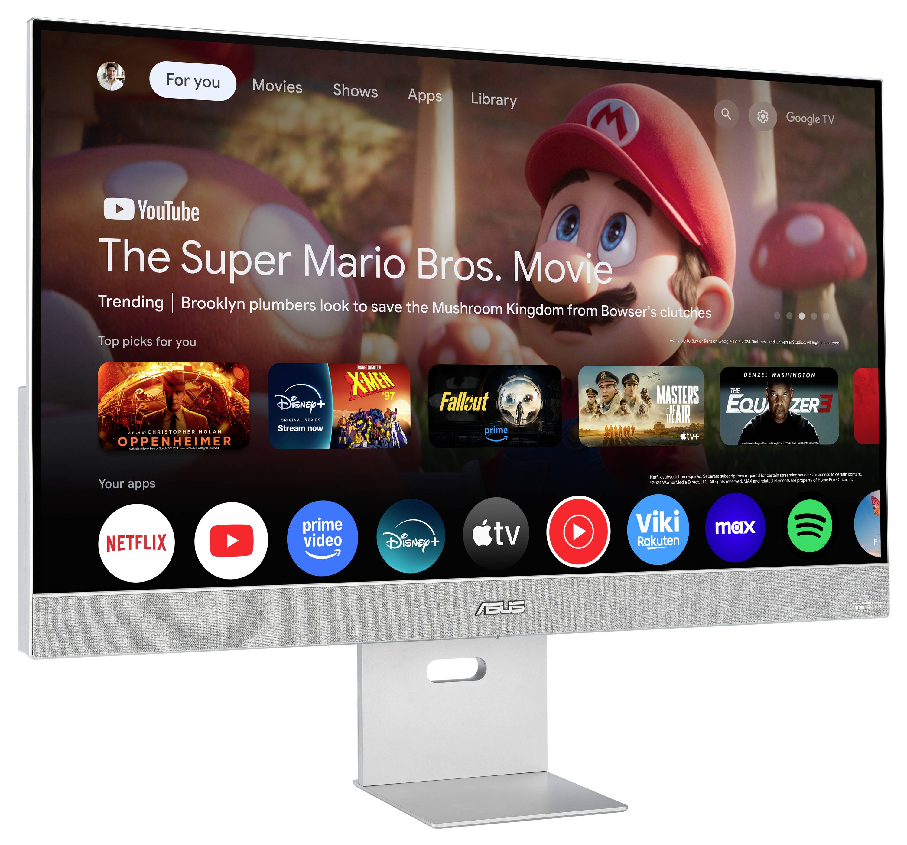 Ein Computerbildschirm, auf dem eine Smart-TV-Oberfläche angezeigt wird, mit „The Super Mario Bros. Movie
