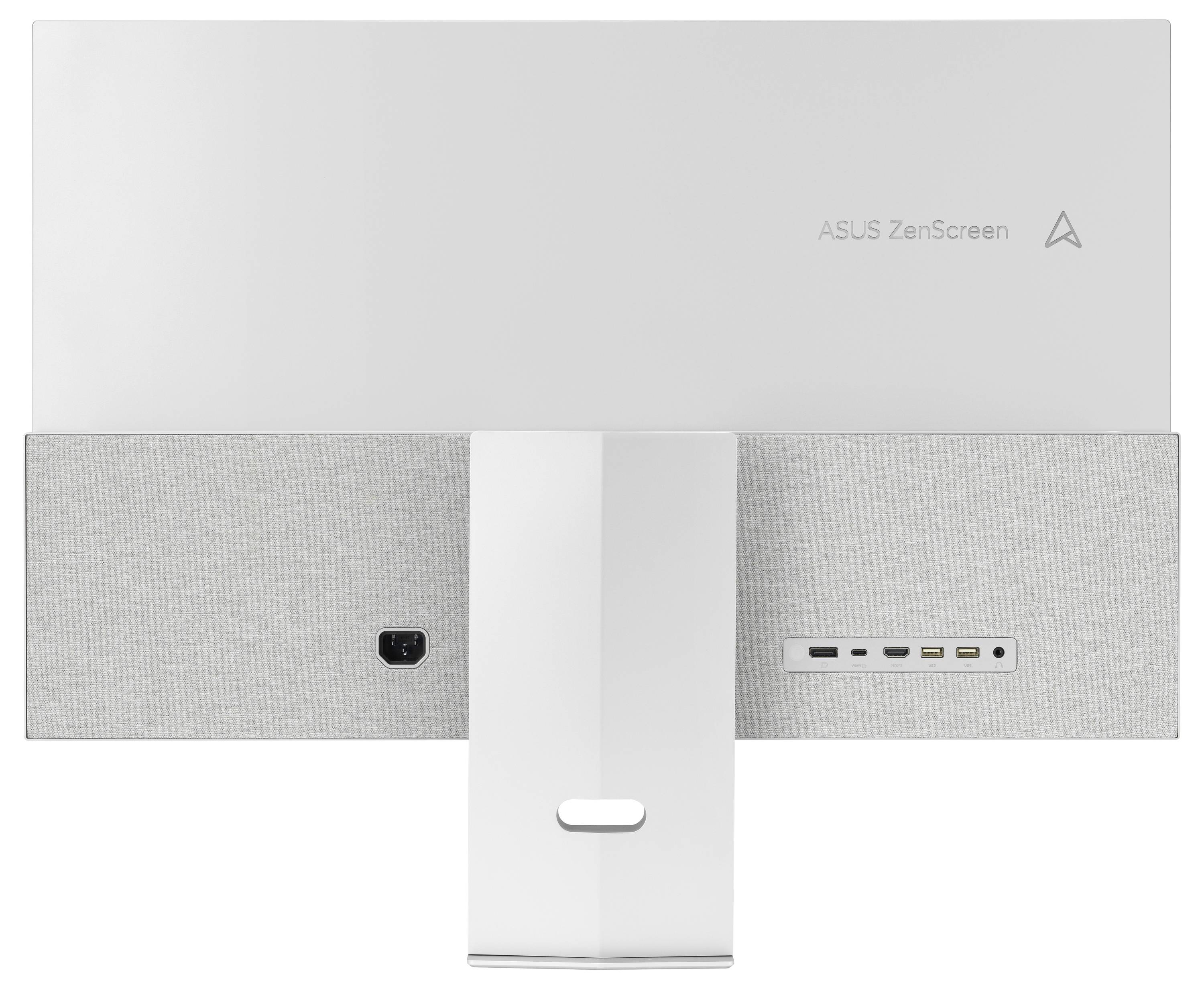 Rückansicht des ASUS ZenScreen Monitors, zeigt USB-Anschlüsse, Netztaste und Ständer.