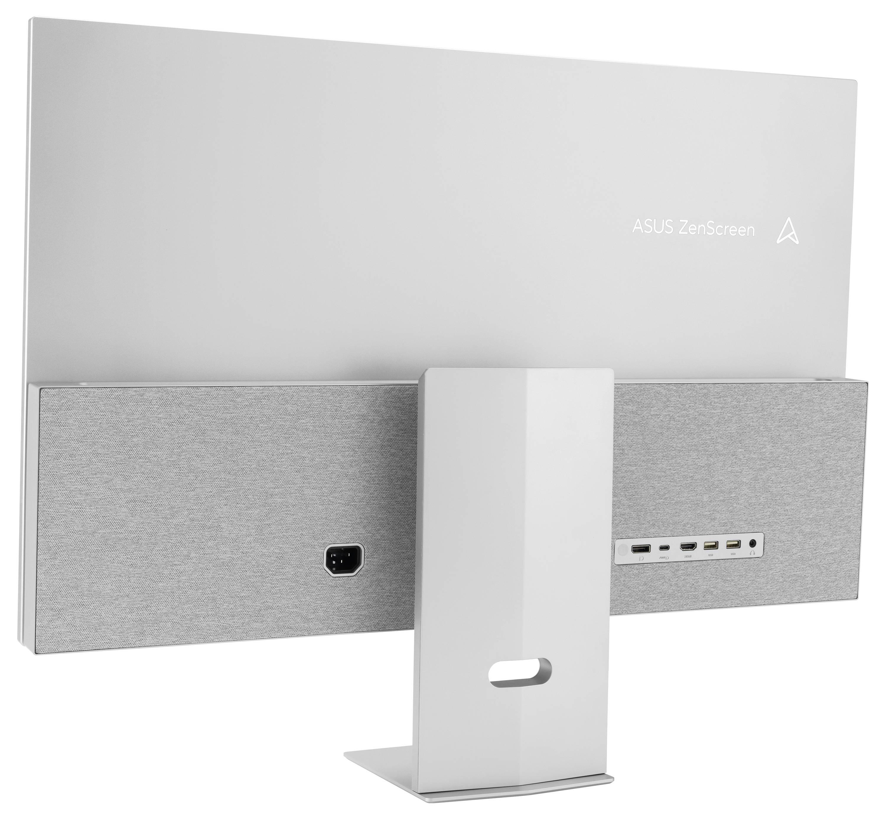 Das Bild zeigt die Rückansicht eines ASUS ZenScreen-Monitors mit Ständer und offenbart Anschlüsse und ein strukturiertes Panel.