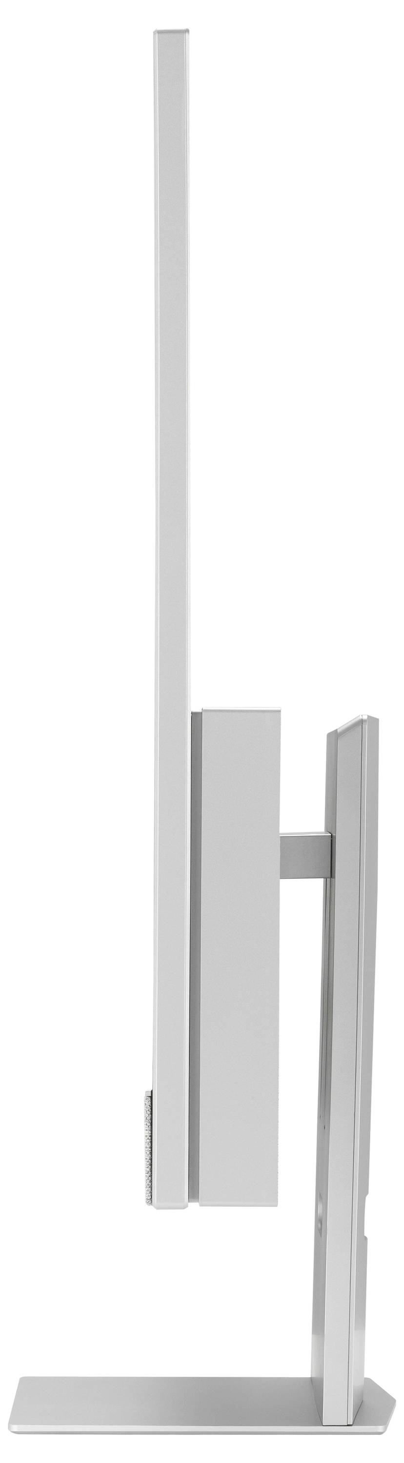 Seitenansicht eines schlanken, modernen Computermonitors mit rechteckiger Basis und verstellbarem Ständer, das sein dünnes Profil zeigt.