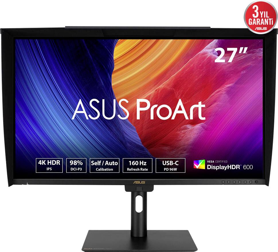 Ein 27-Zoll-ASUS-ProArt-Monitor mit lebendigen Farben. Die Funktionen umfassen 4K HDR, 98% DCI-P3, 160 Hz, USB-C und DisplayHDR 600.