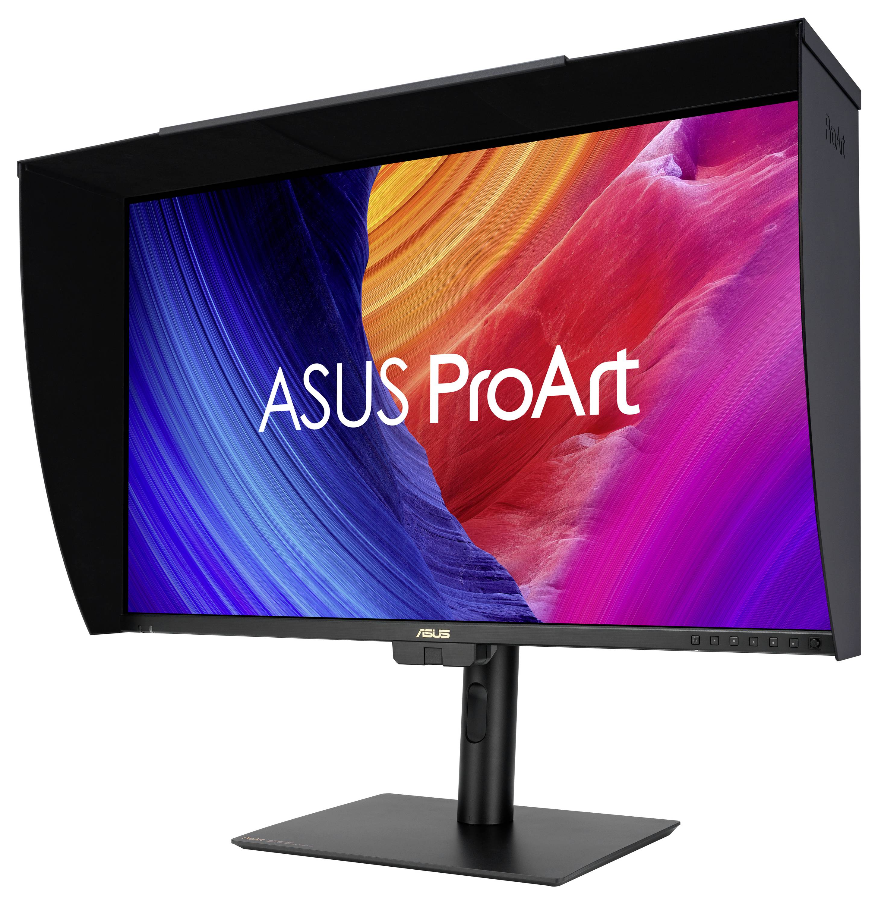ASUS ProArt Monitor mit lebendigem, farbenfrohem Display mit wirbelnden abstrakten Mustern in Blau-, Orange- und Rosatönen.