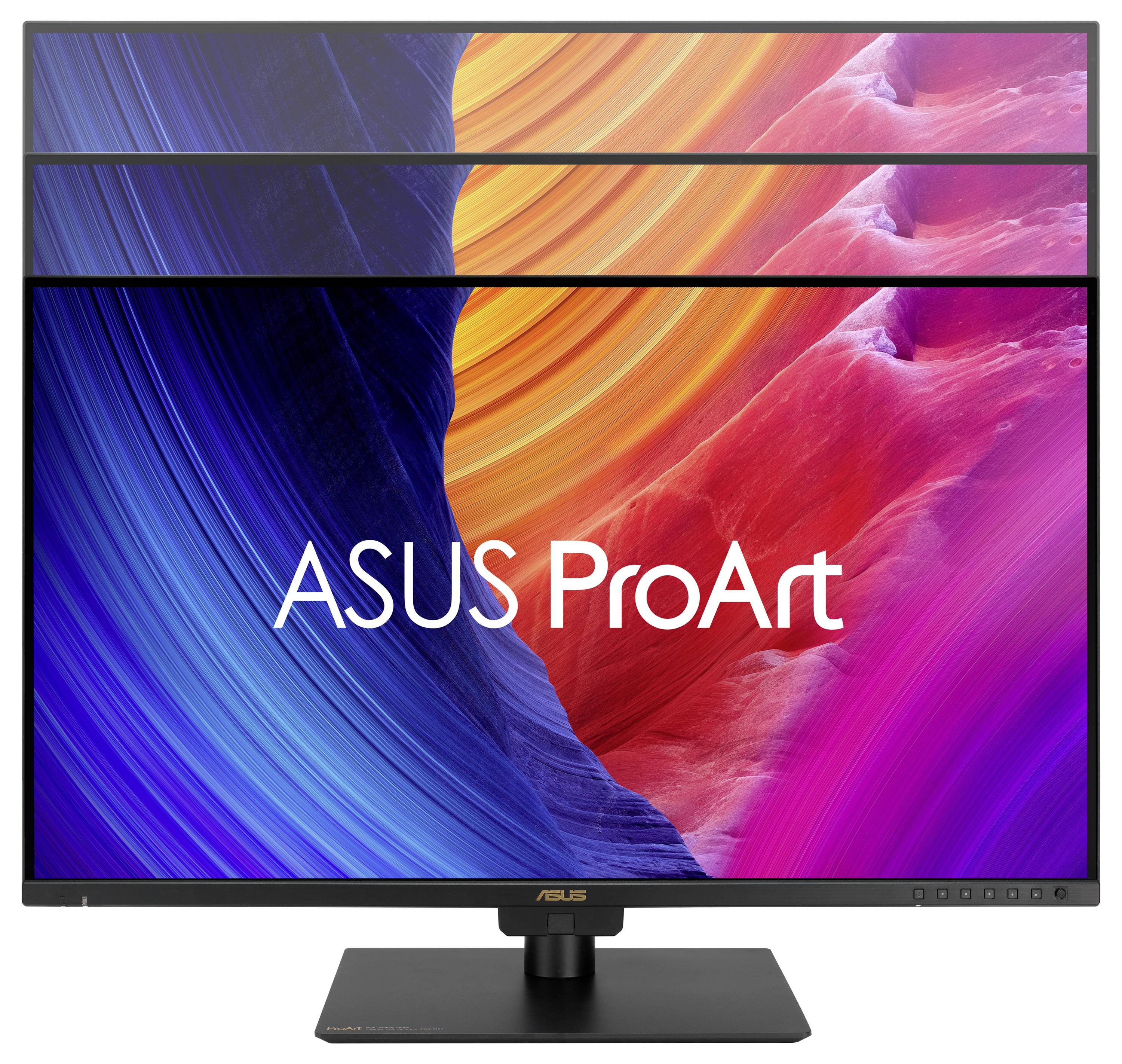 ASUS ProArt Monitor mit lebendigem, abstraktem Hintergrund aus wirbelnden Farben in Blau-, Gelb- und Rosatönen.