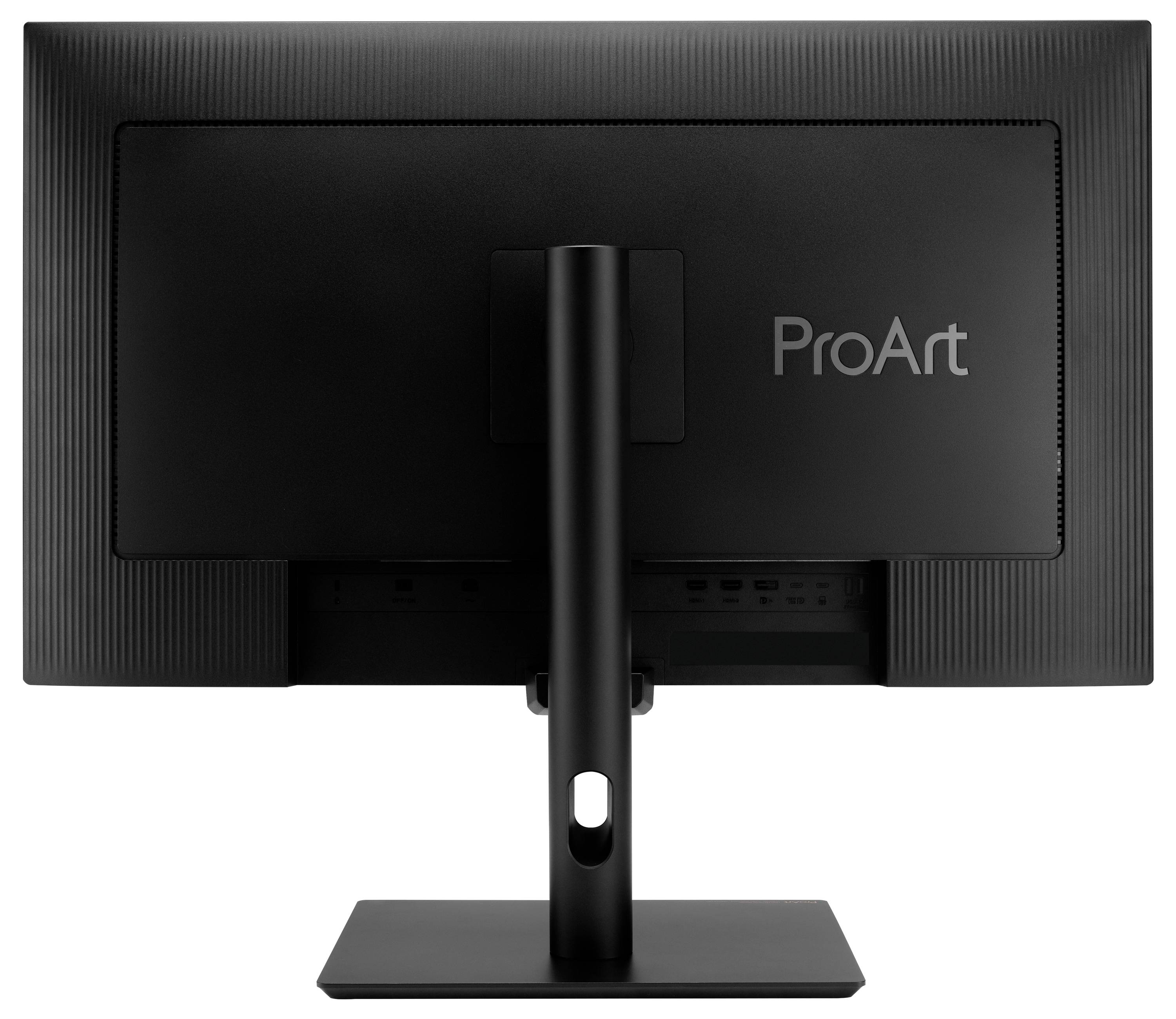 Ein schwarzer Computermonitor von hinten betrachtet, mit dem Wort „ProArt