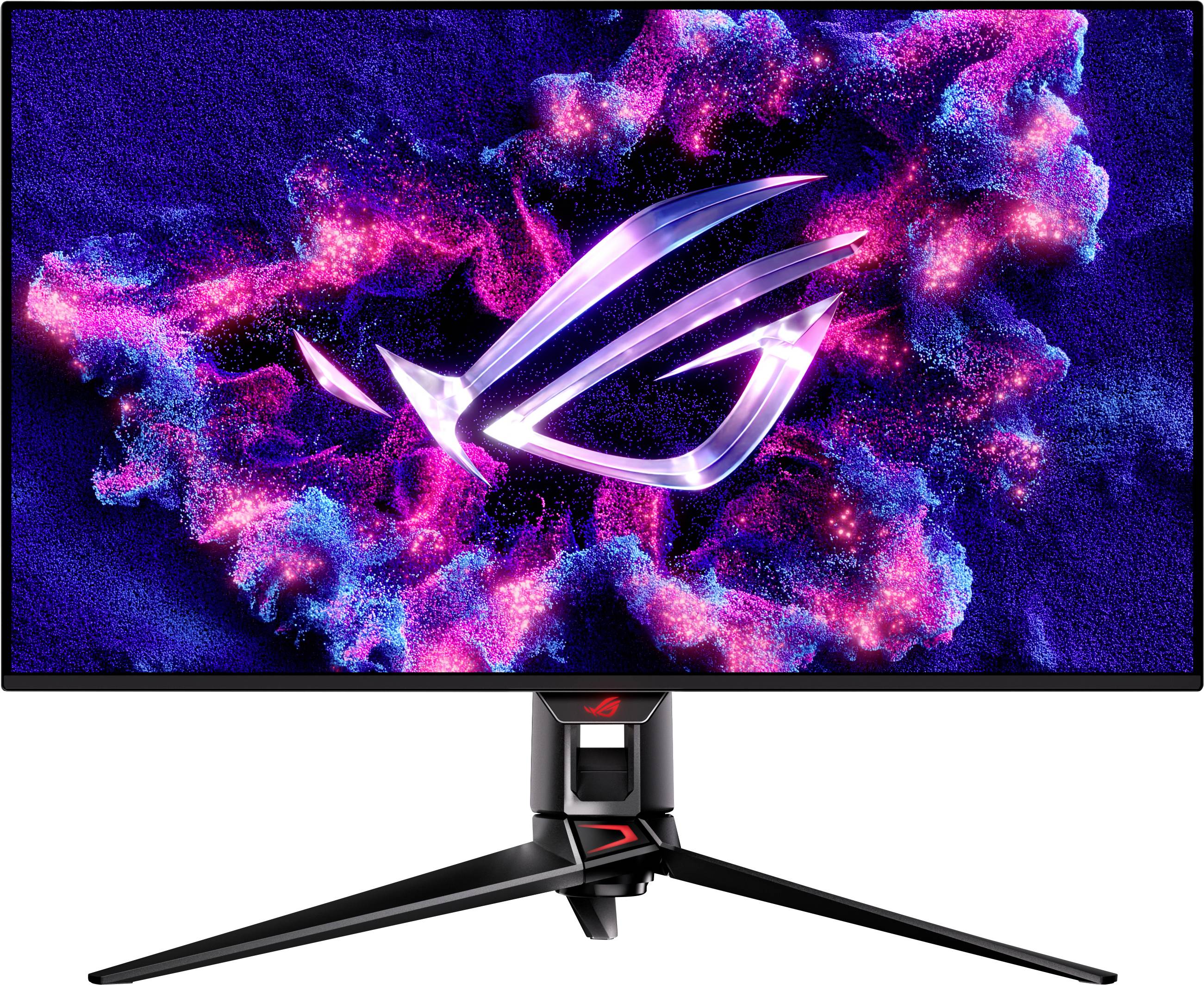 Ein Gaming-Monitor mit lebendiger rosa und blauer Nebula-Design auf dem Bildschirm und einem futuristischen Logo in der Mitte, auf einem eleganten Stativständer montiert.