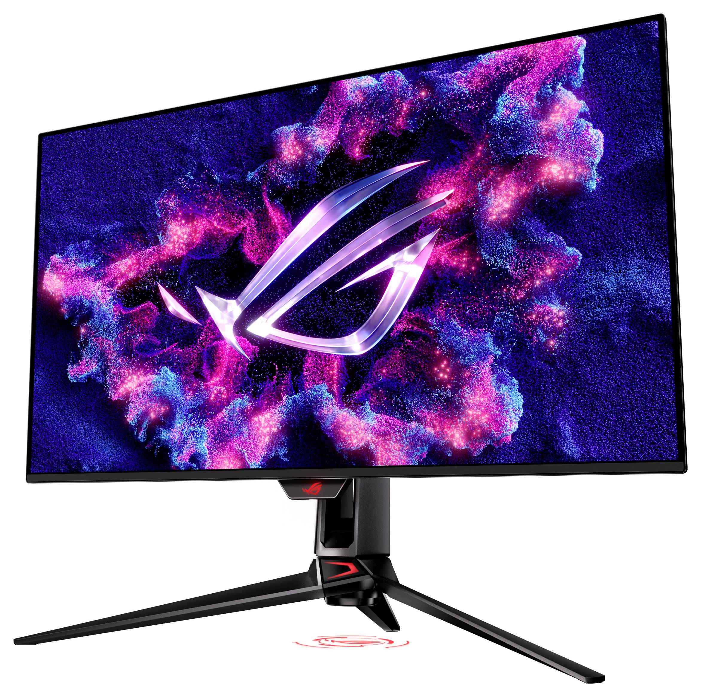 Ein Gaming-Monitor zeigt ein lebendiges kosmisches Design mit einem leuchtenden Logo in der Mitte. Der Bildschirm ist schlank und modern auf einem robusten Ständer.