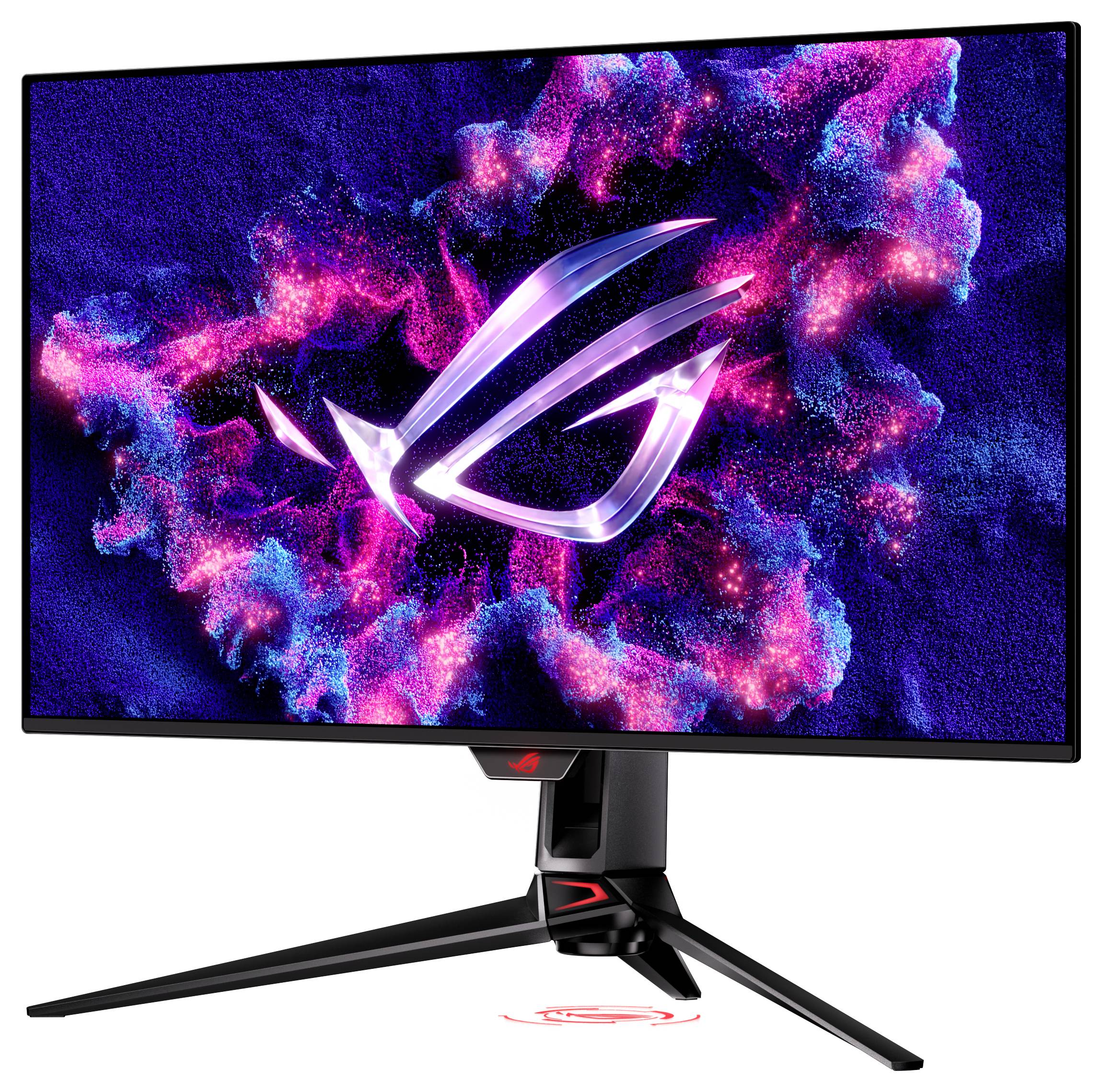 Ein Gaming-Monitor mit Ständer zeigt ein lebendiges Logo auf dem Bildschirm, mit bunten Grafiken und einem eleganten, modernen Design, das sich ideal für Gamer eignet.