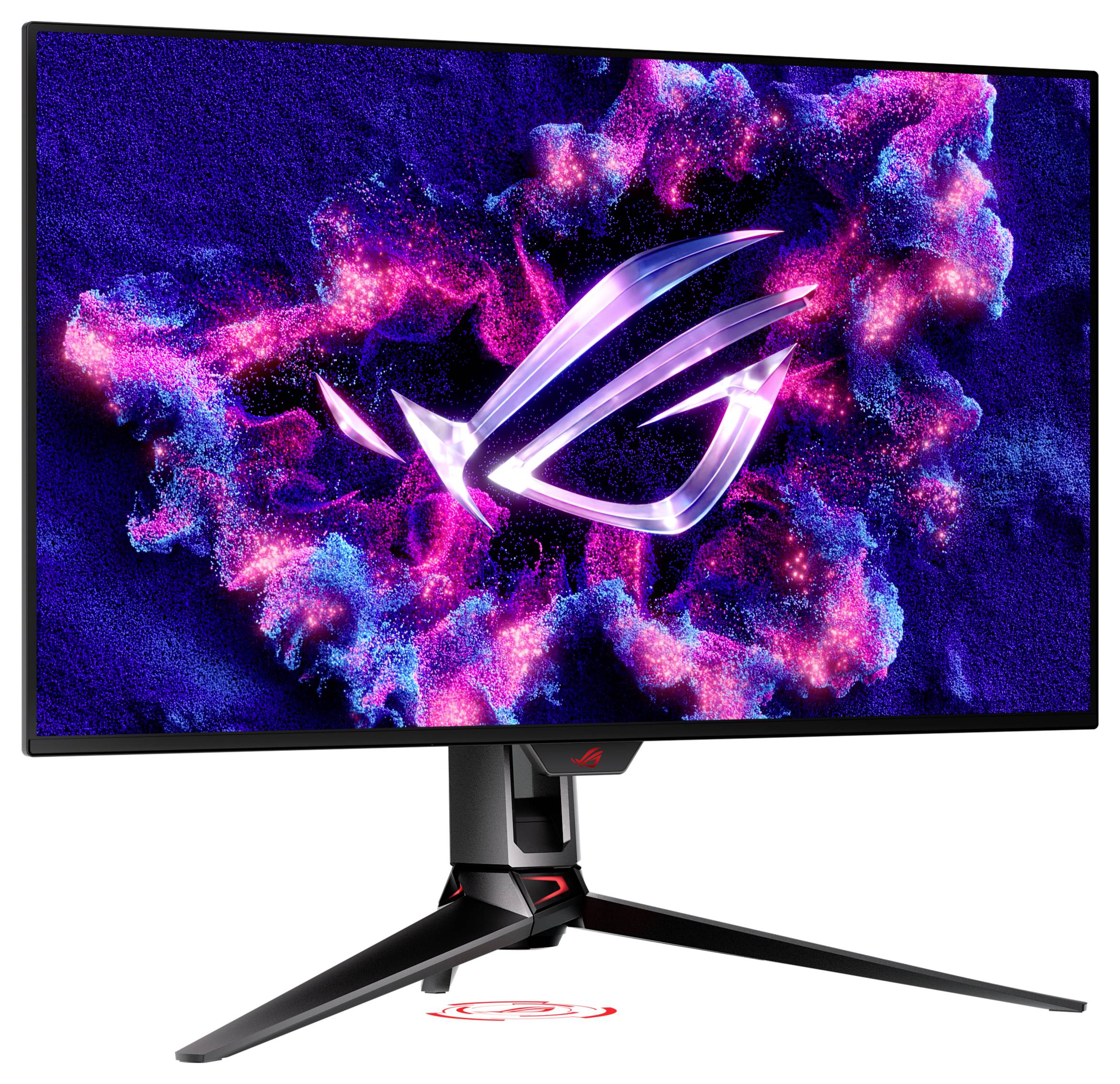 Ein Gaming-Monitor, der das ASUS ROG-Logo mit lebendigen rosa- und blauvioletten wolkenähnlichen Mustern anzeigt, auf einem schwarzen, eleganten Ständer montiert.