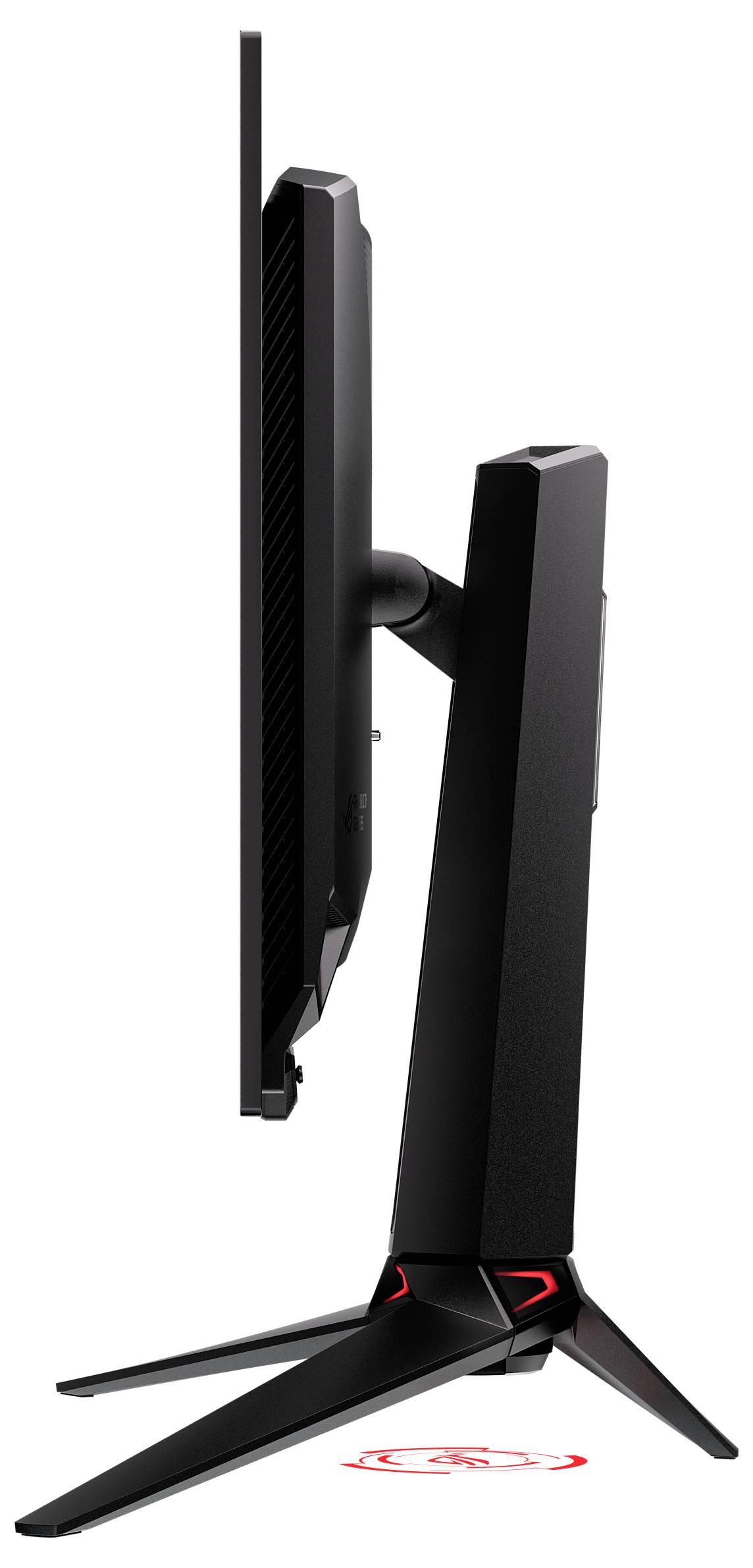 Ein schwarzer gebogener Gaming-Monitor, von hinten betrachtet, mit einem beleuchteten Logo in der oberen rechten Ecke.