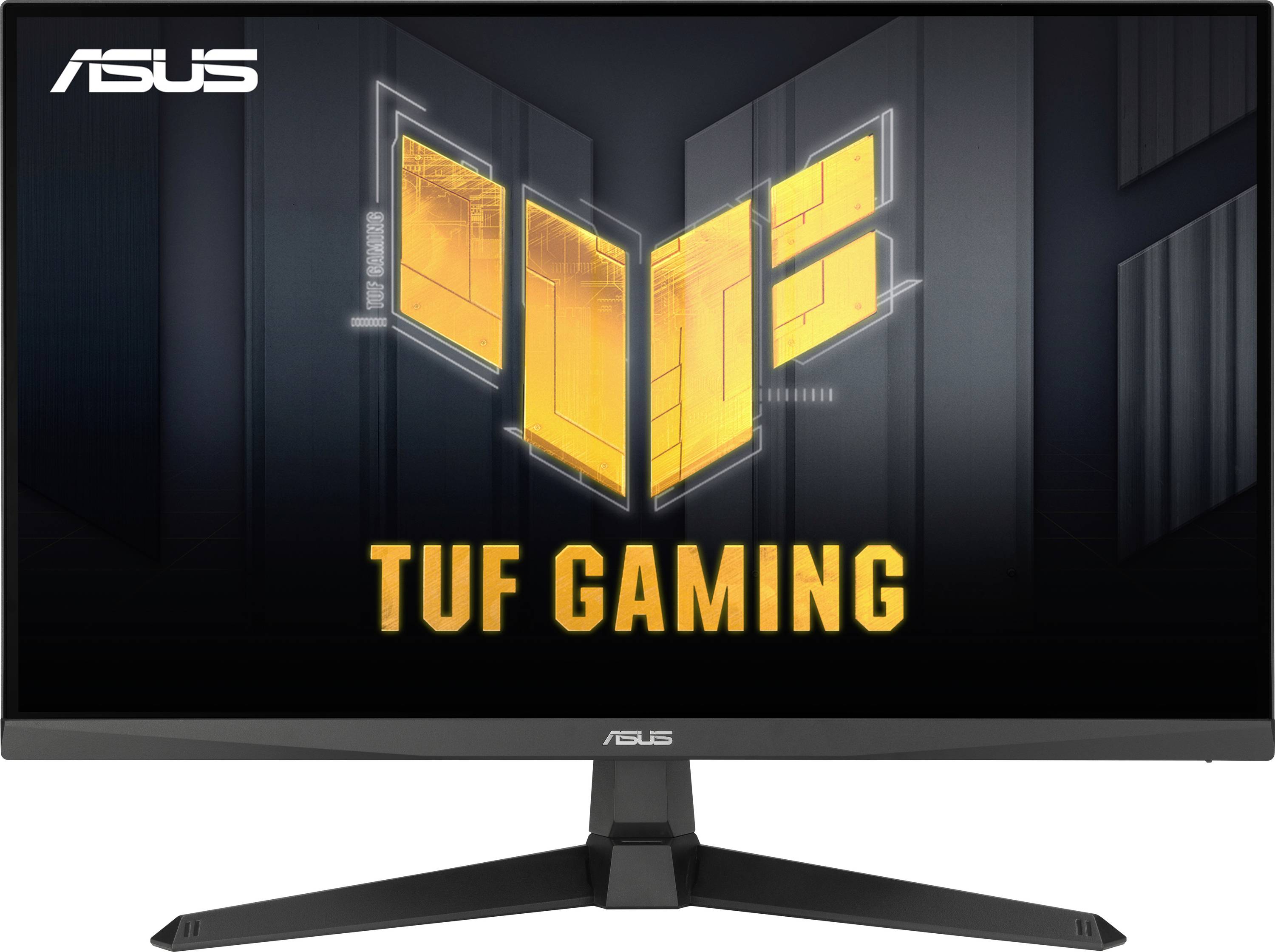 ASUS TUF Gaming Monitor mit sechseckigem orangefarbenem Logo und Text auf dem Bildschirm.