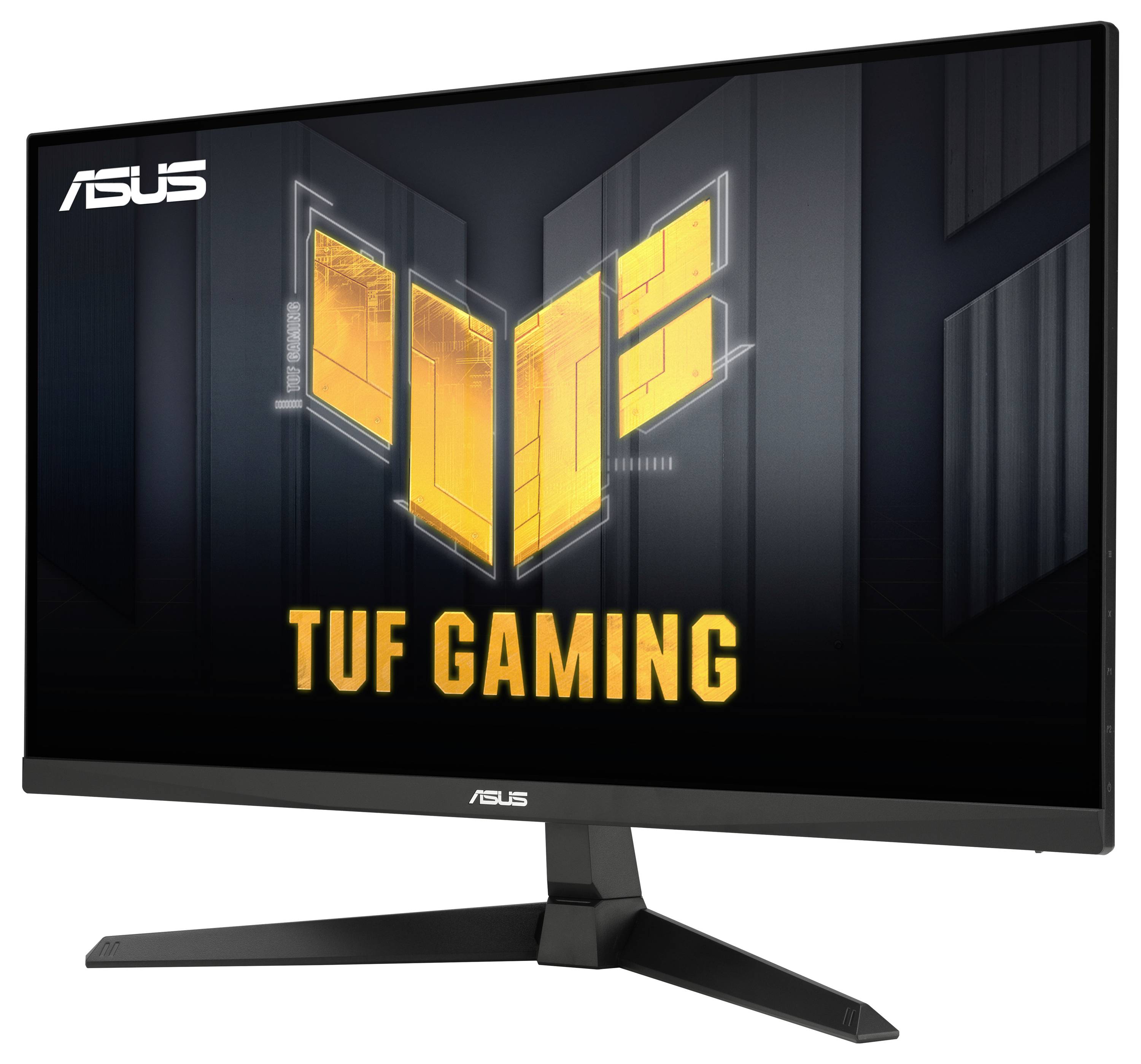 Ein Gaming-Monitor, der das ASUS TUF Gaming-Logo auf seinem Bildschirm anzeigt, mit einem eleganten, modernen Design und stabilem Standfuß.