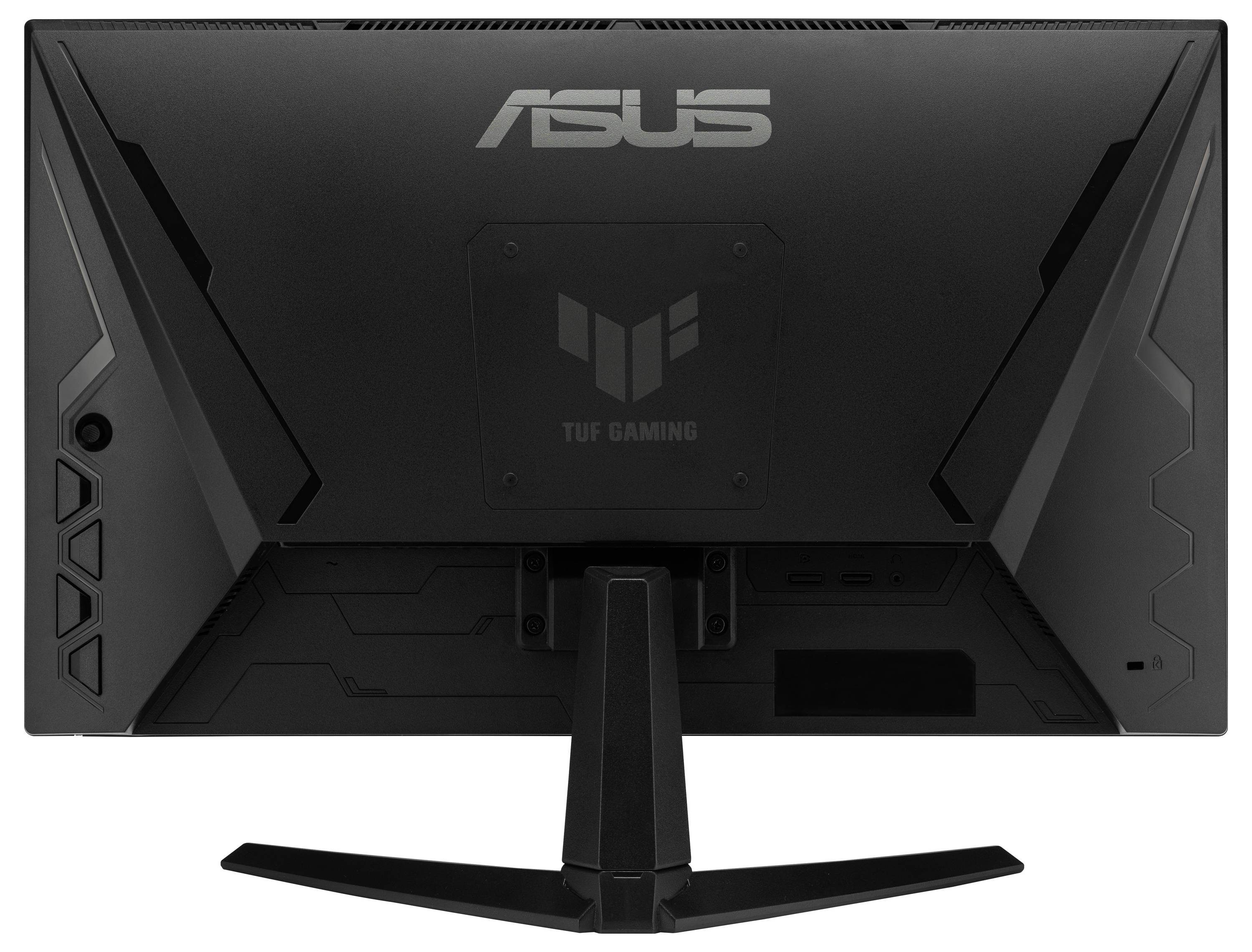Das Bild zeigt die Rückansicht eines ASUS TUF Gaming Monitors mit eckigen Designdetails und dem sichtbaren Ständer.