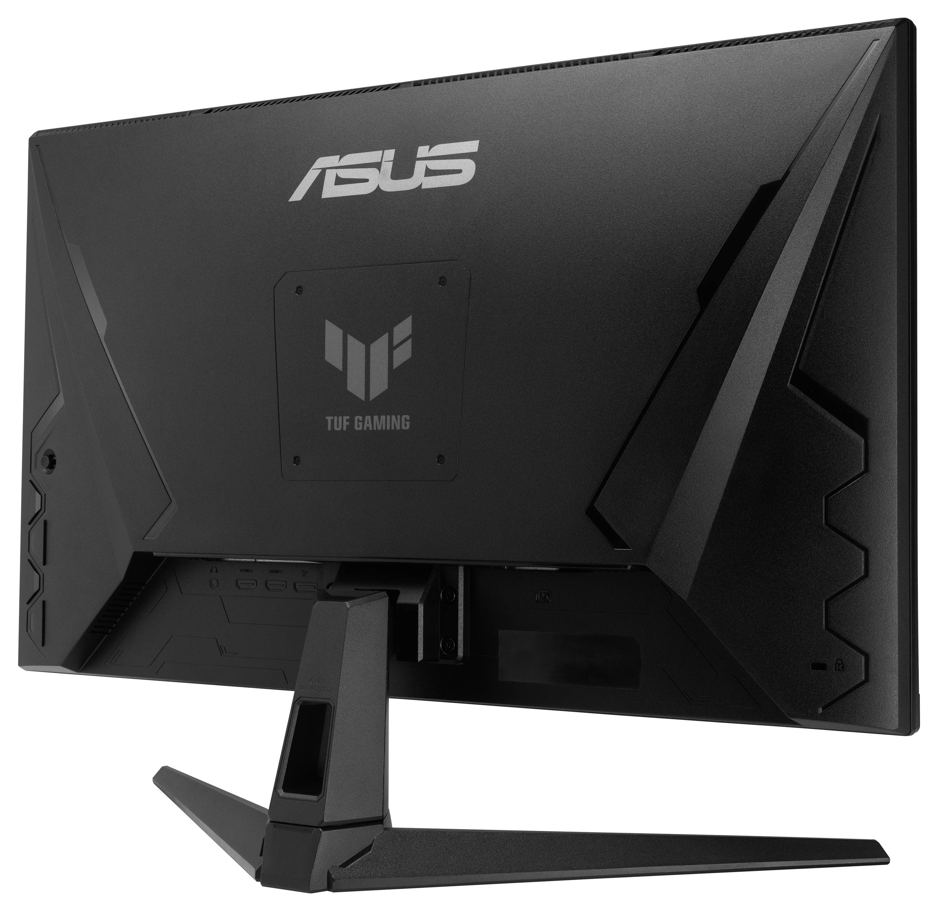 Rückansicht eines TUF Gaming ASUS-Monitors mit V-förmigem Standfuß, der eckige Designdetails und Branding zeigt.