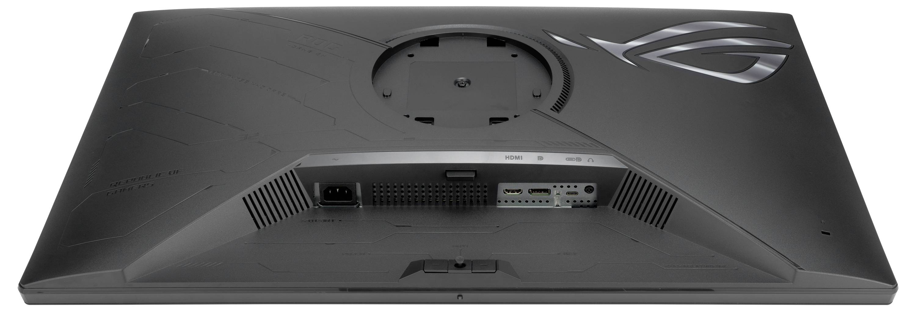 Die Rückseite eines Monitors mit Anschlüssen und einer Befestigungsscharniere.