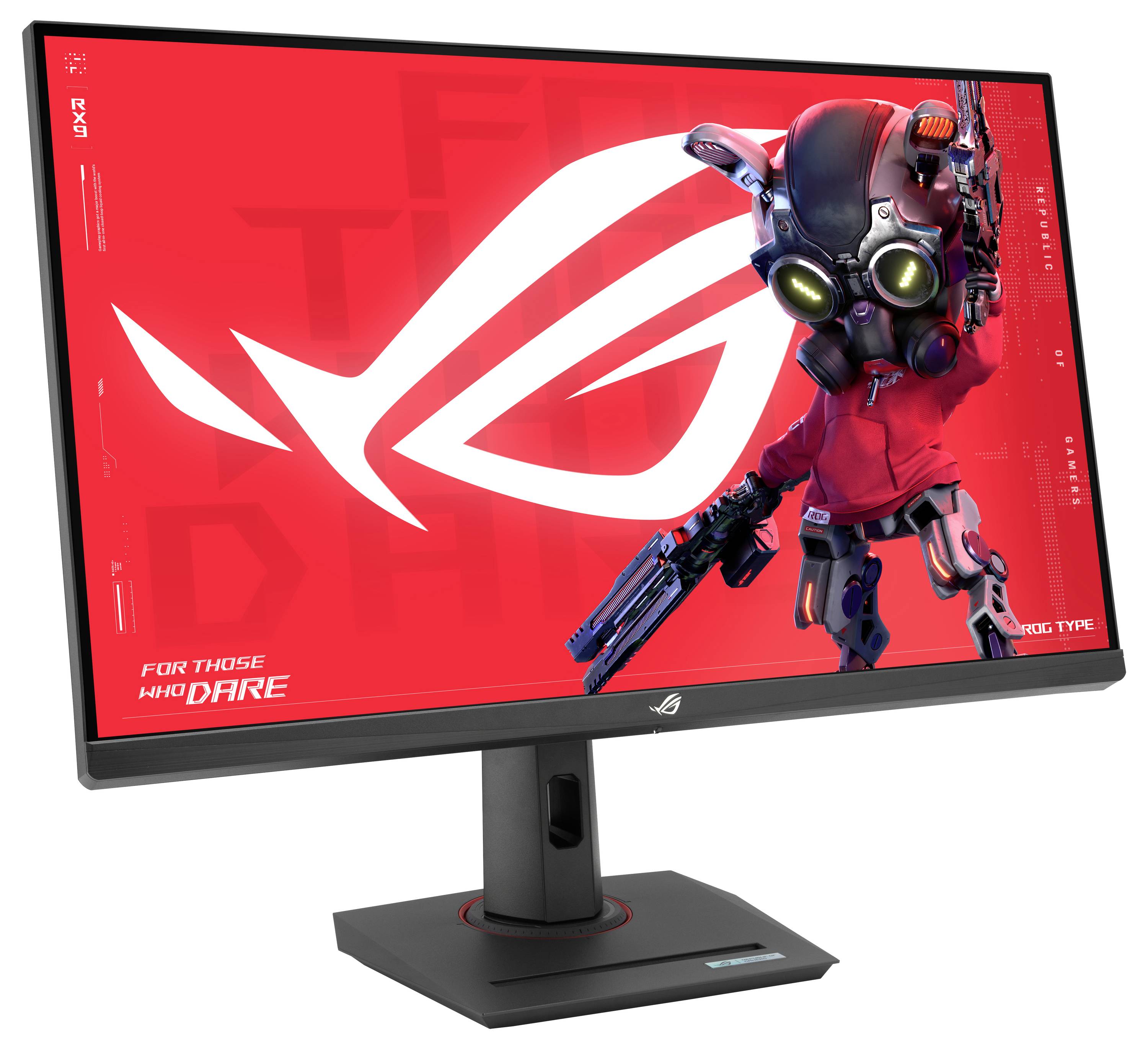Ein Gaming-Monitor zeigt eine Roboterfigur auf hellem rotem Hintergrund mit großem Logo. Der Text auf dem Bildschirm lautet „Für die, die es wagen