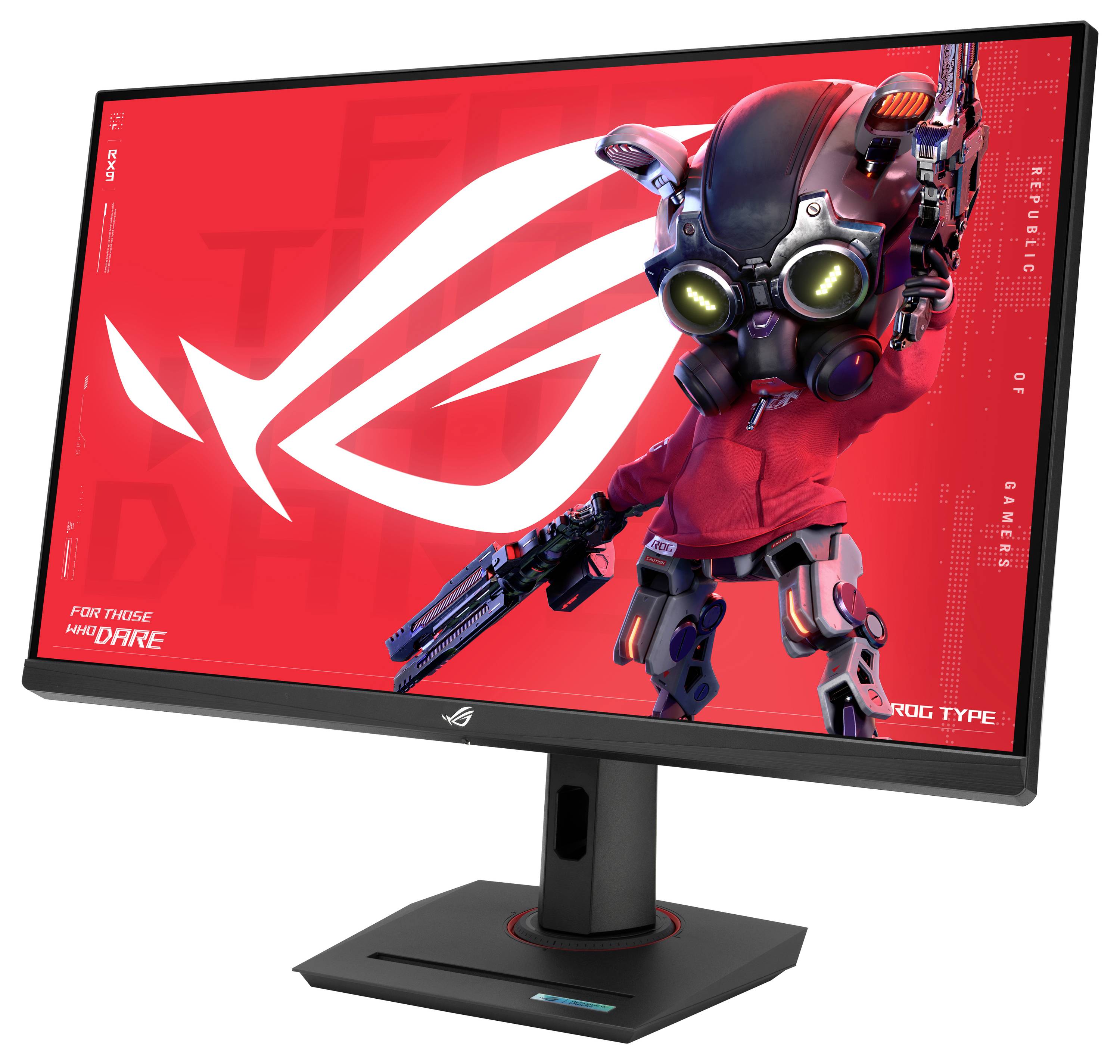 Ein Computermonitor zeigt einen leuchtend roten Gaming-Bildschirm mit einer Sci-Fi-Figur und dem Text 