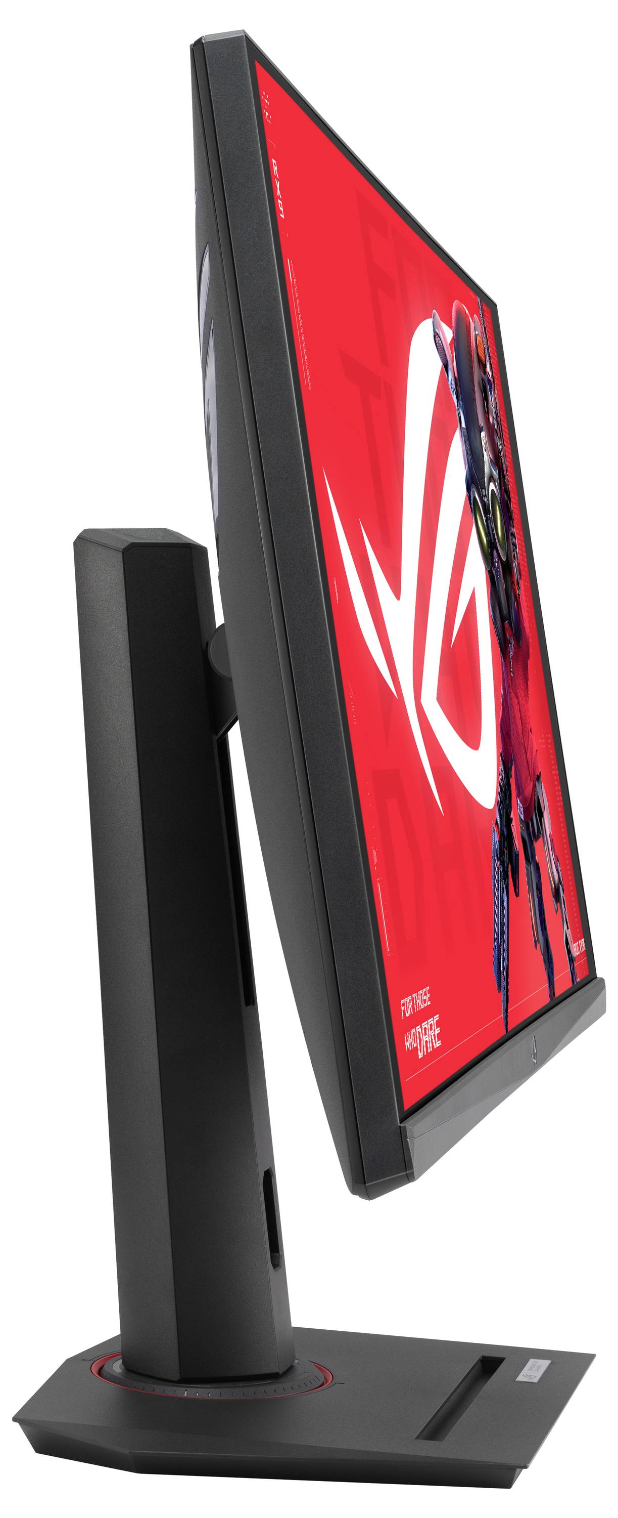 Eine Rückansicht eines Computermonitors zeigt Anschlüsse wie HDMI, USB und Stromverbindungen, mit einem Ständer, der auf der linken Seite angebracht ist.