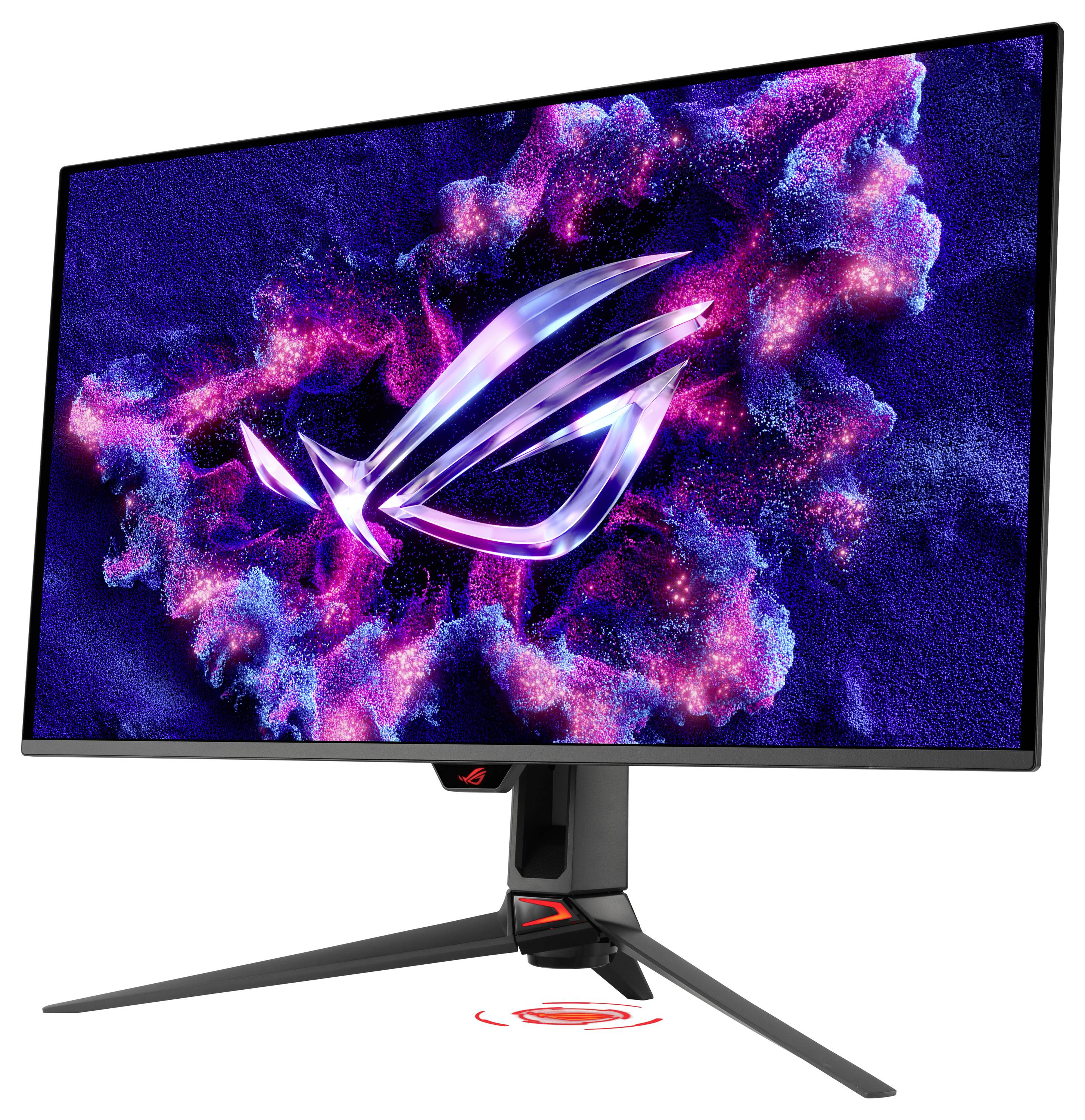 Ein Gaming-Monitor mit einem farbenfrohen, futuristischen Design auf dem Bildschirm, das das ASUS ROG-Logo in Neonfarben zeigt, umgeben von einem kosmischen Muster.