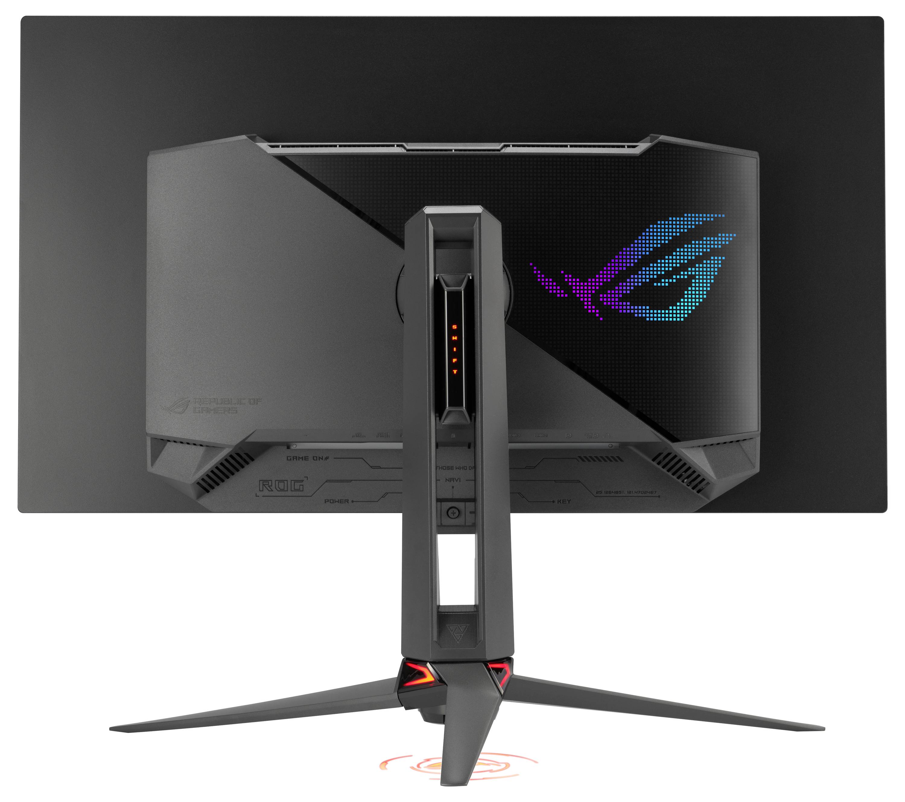 Ein Gaming-Monitor aus der Rückansicht mit Ständer und RGB-Lichtern, die das ROG-Logo anzeigen. Die Basis projiziert ein rot beleuchtetes Symbol auf die Oberfläche.