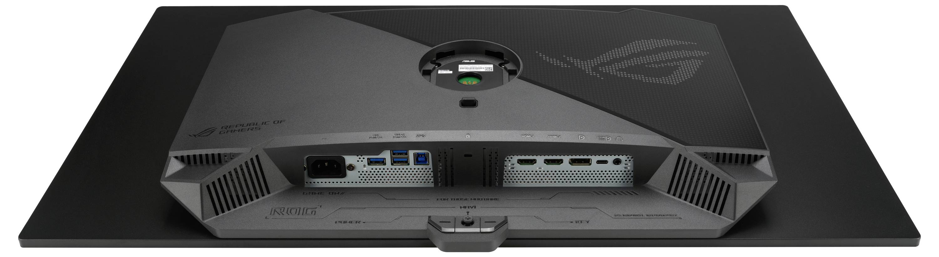 Rückansicht eines Gaming-Monitors mit Logo, verschiedenen Anschlüssen und Belüftungsdesign, das die Konnektivitätsoptionen und Kühlungsfunktionen hervorhebt.