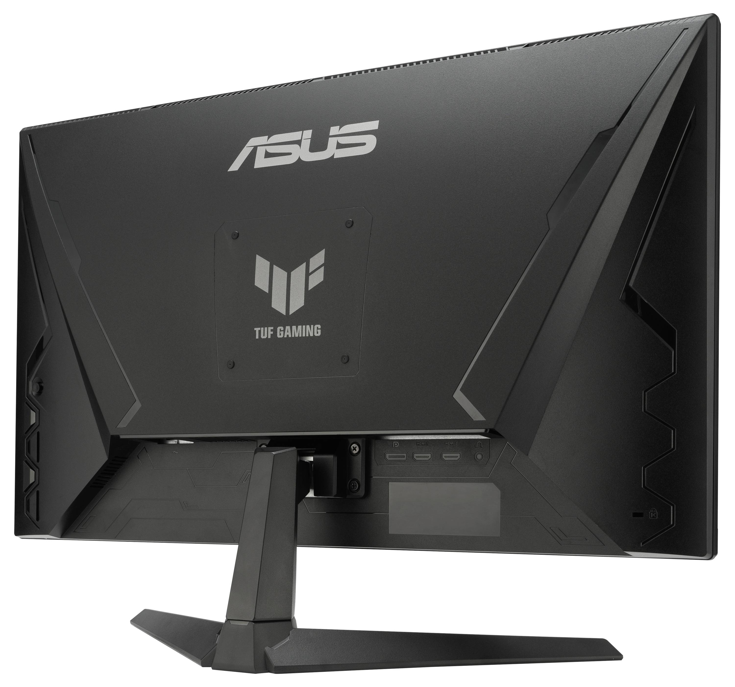 Rückansicht eines schwarzen ASUS TUF Gaming-Monitors auf einem Ständer, der das eckige Design und das Logo zeigt.
