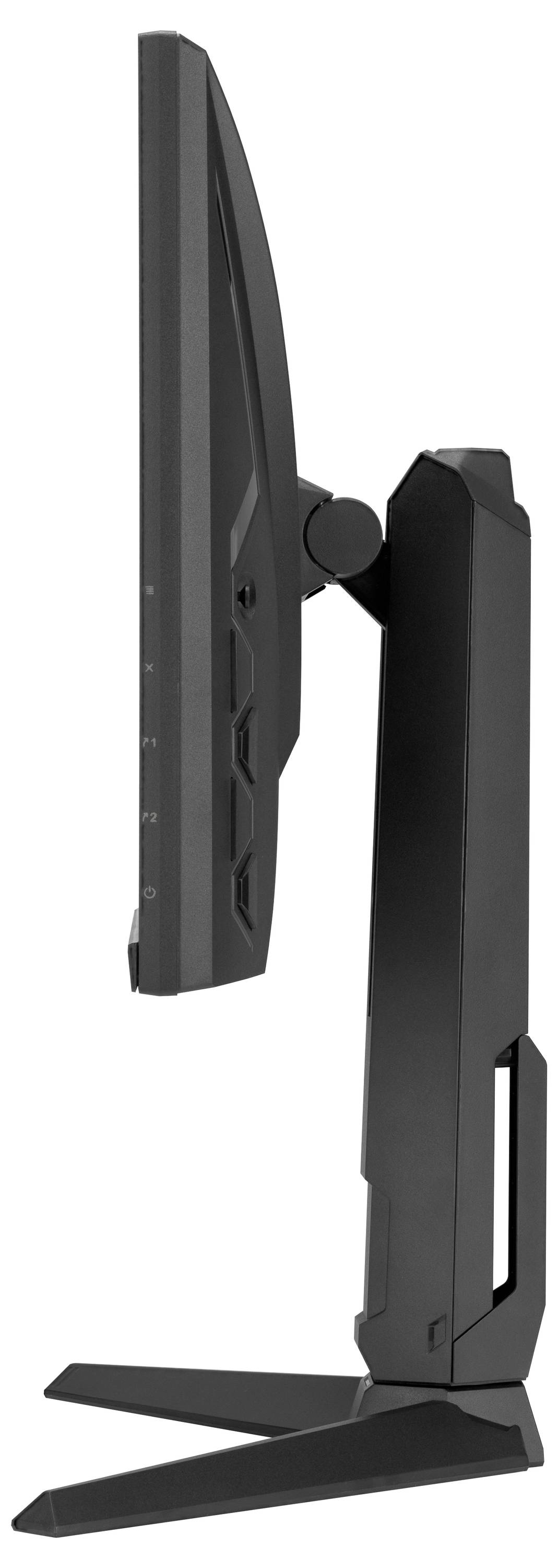 Rückansicht eines Computermonitors mit Anschlüssen einschließlich HDMI, DisplayPort und USB. Der Ständer ist auf der linken Seite sichtbar.