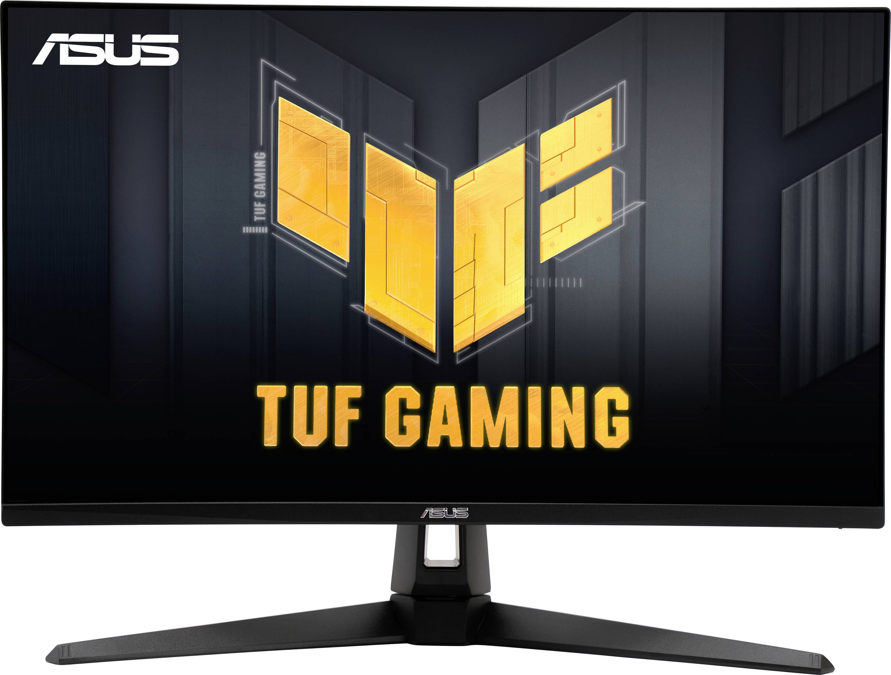 Gaming-Monitor mit dem ASUS TUF GAMING-Logo, das ein lebendiges gelbes Emblem auf dunklem Bildschirmhintergrund zeigt.
