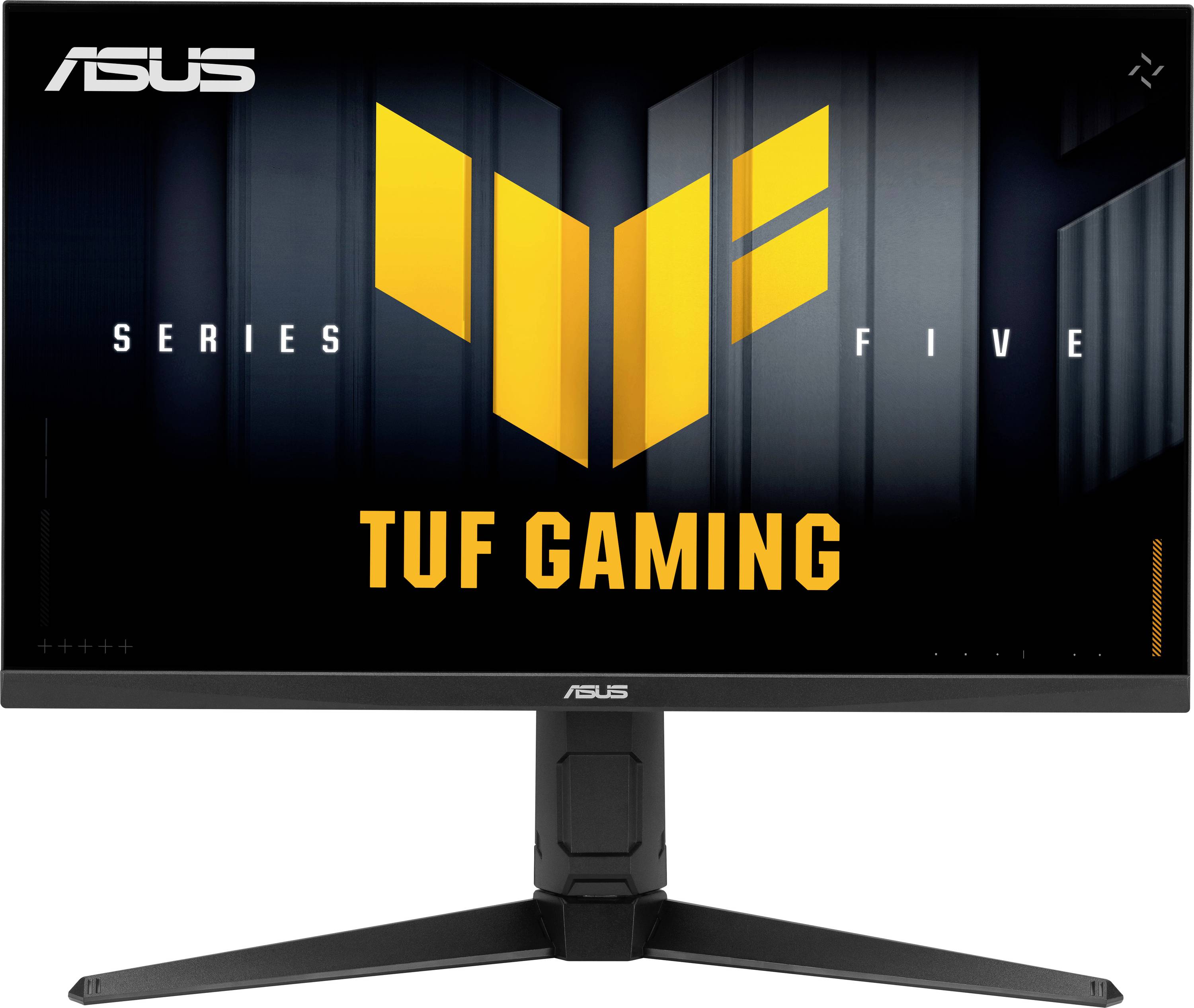 Frontansicht eines ASUS TUF Gaming Monitors, Serie 5, mit dem TUF Gaming Logo auf dem Bildschirm angezeigt. Der Monitor steht auf einem Ständer.