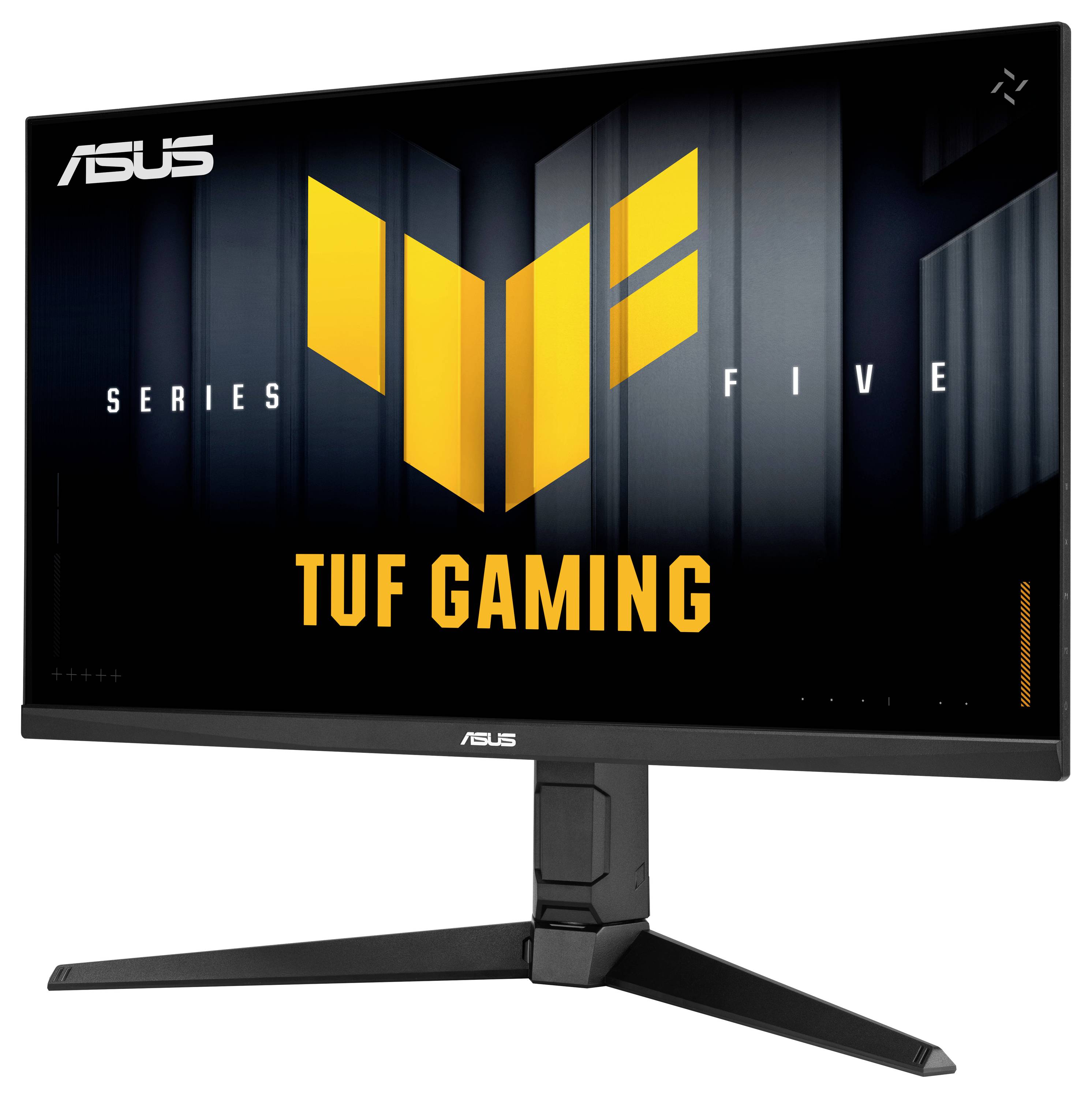 Ein schwarzer Gaming-Monitor von hinten gesehen, der das ASUS-Logo und das 
