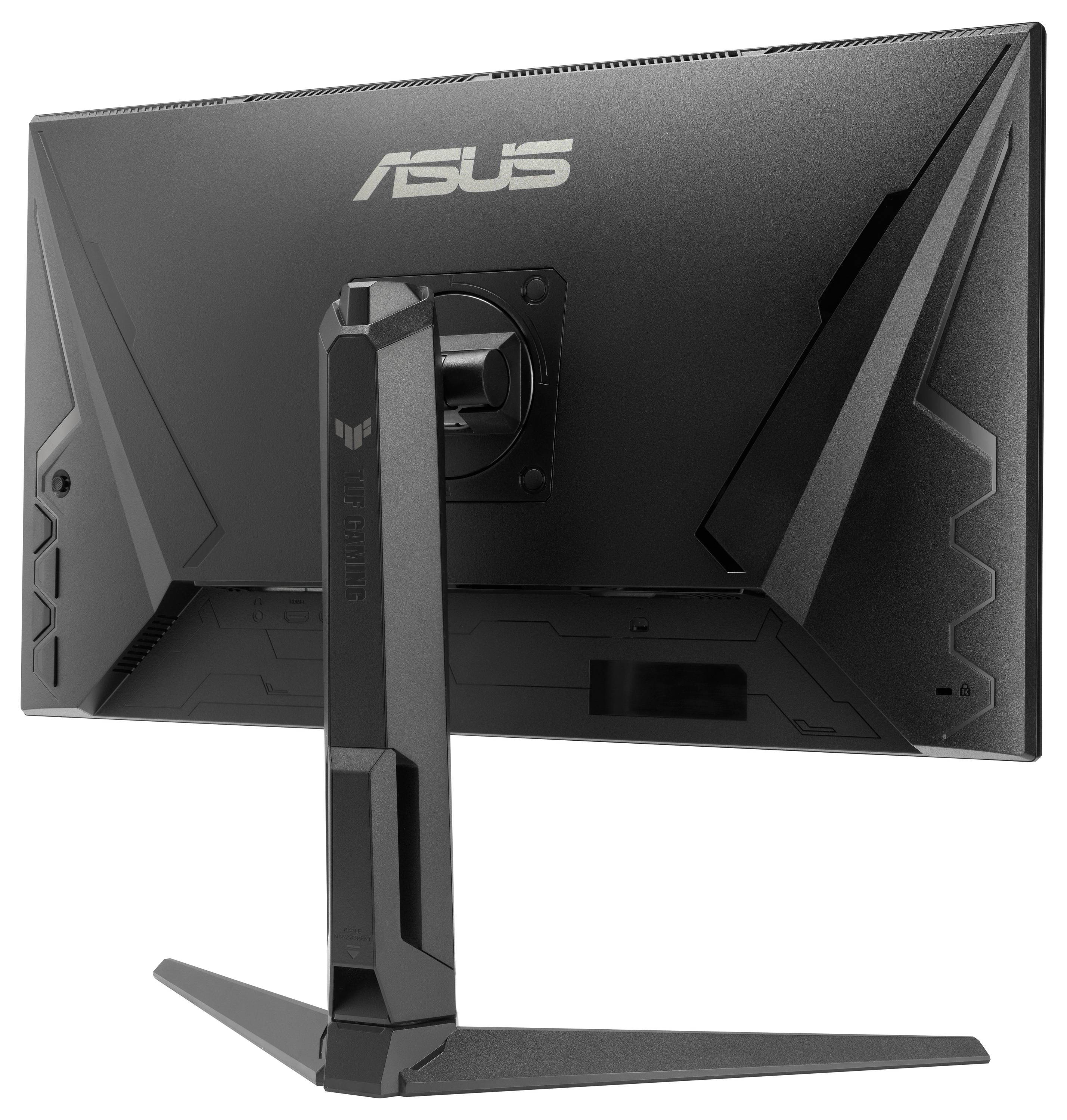 Weißer Gaming-Monitor mit verstellbarem Ständer, Rückansicht mit Lüftungsöffnungen und Anschlussanschlüssen.