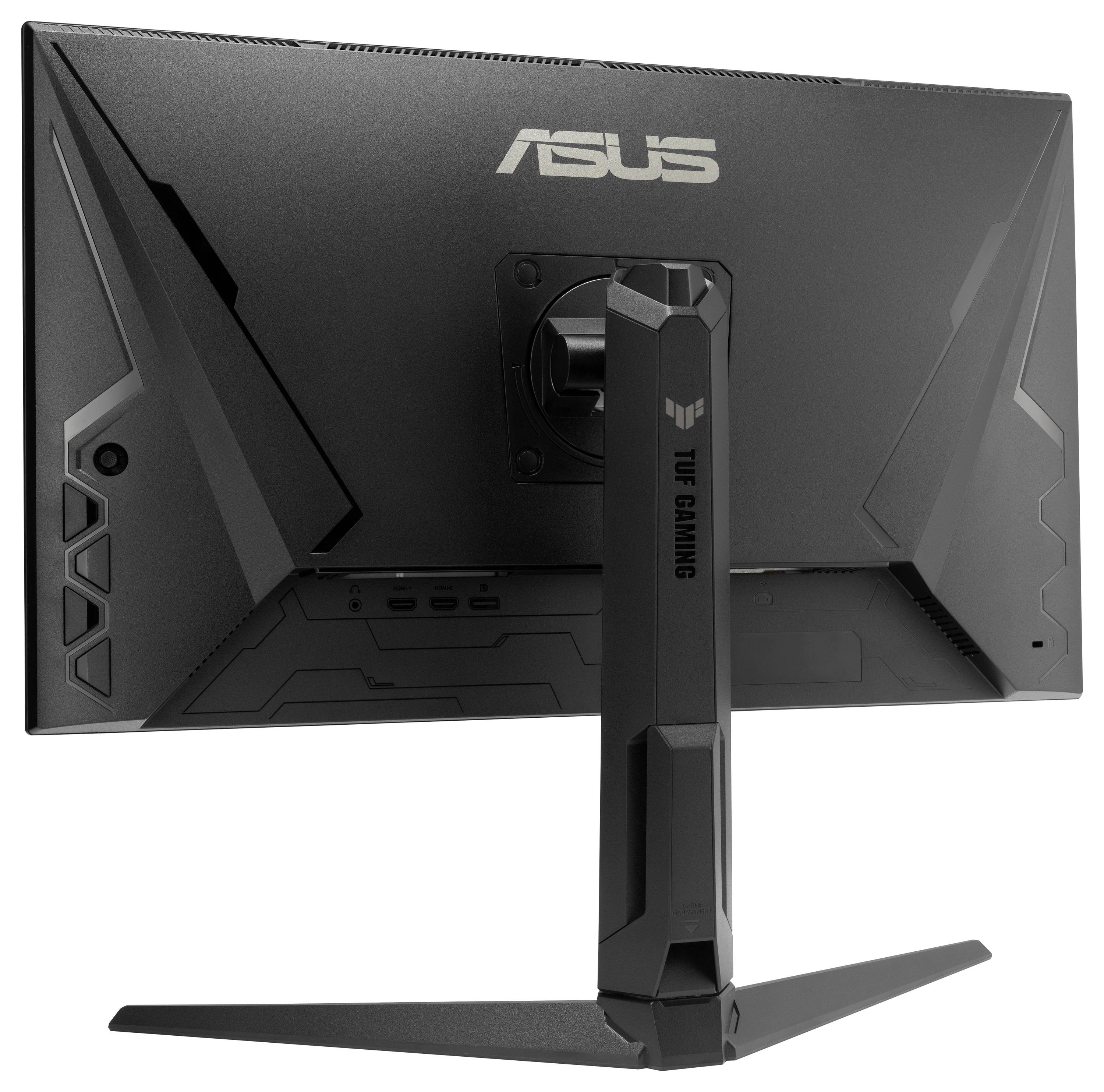 Ein schwarzer ASUS TUF Gaming Monitor von hinten betrachtet, der ein charakteristisches eckiges Design und ein Markenlogo in der Mitte zur Schau stellt.