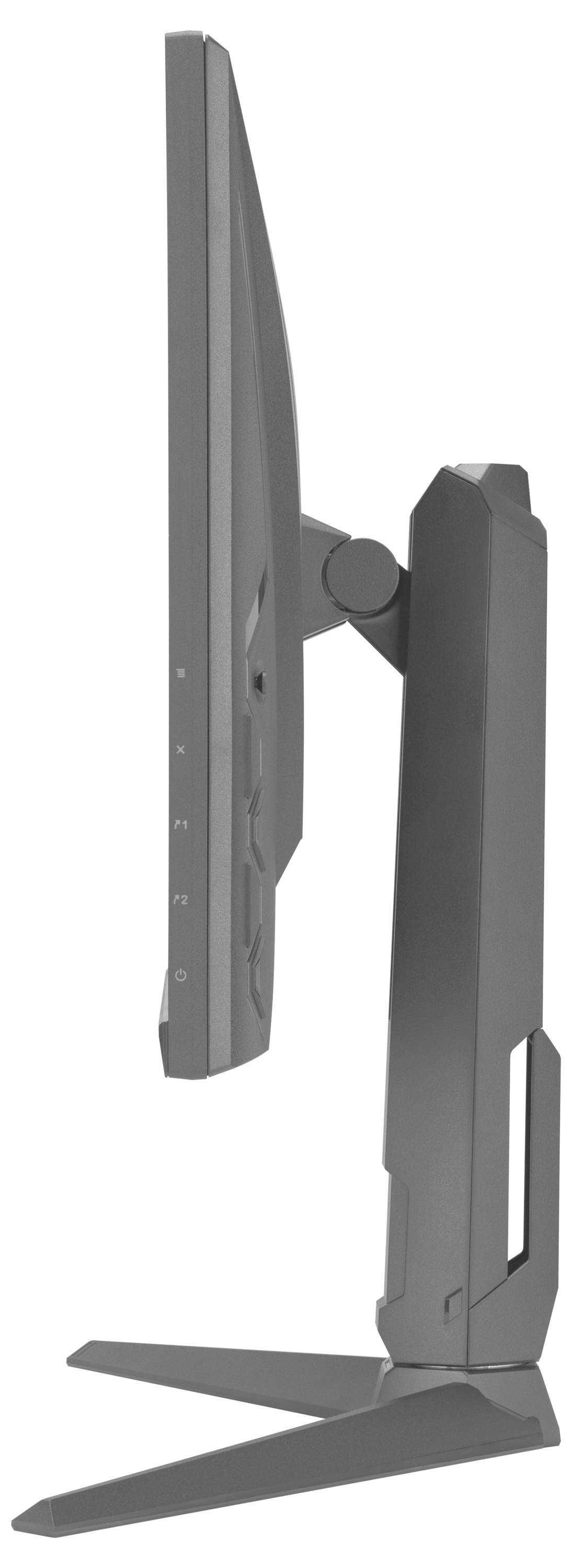 Seitenansicht eines schlanken Computermonitors mit minimalističhem Ständer. Das Bild konzentriert sich auf das dünne Design und die verstellbare Ständerfunktion.